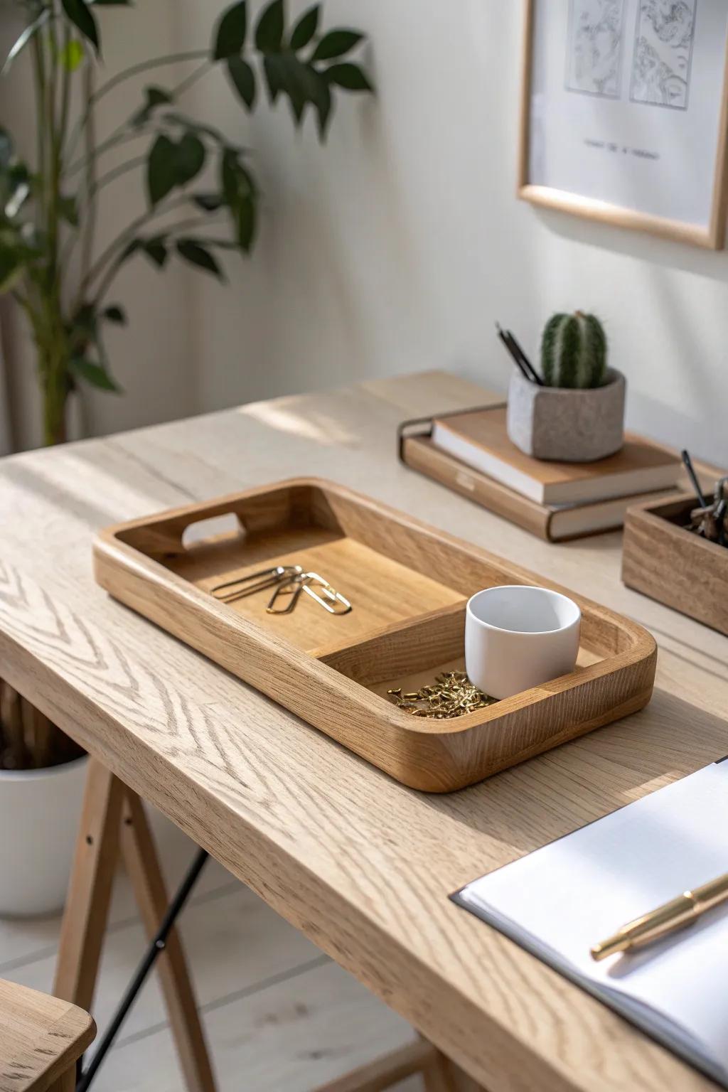 One simple wooden tray keeps daily essentials together—hello clear, calm desktop.