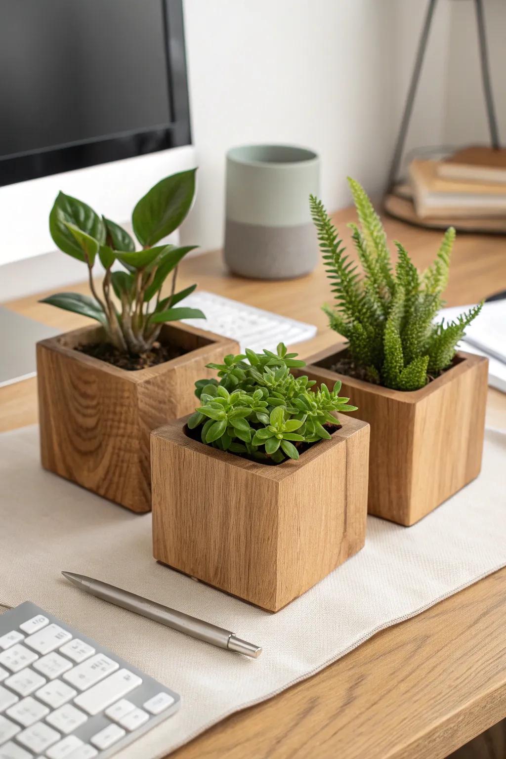Three tiny plants in handmade wood pots—simple, intentional desk decor with warm grain contrast.