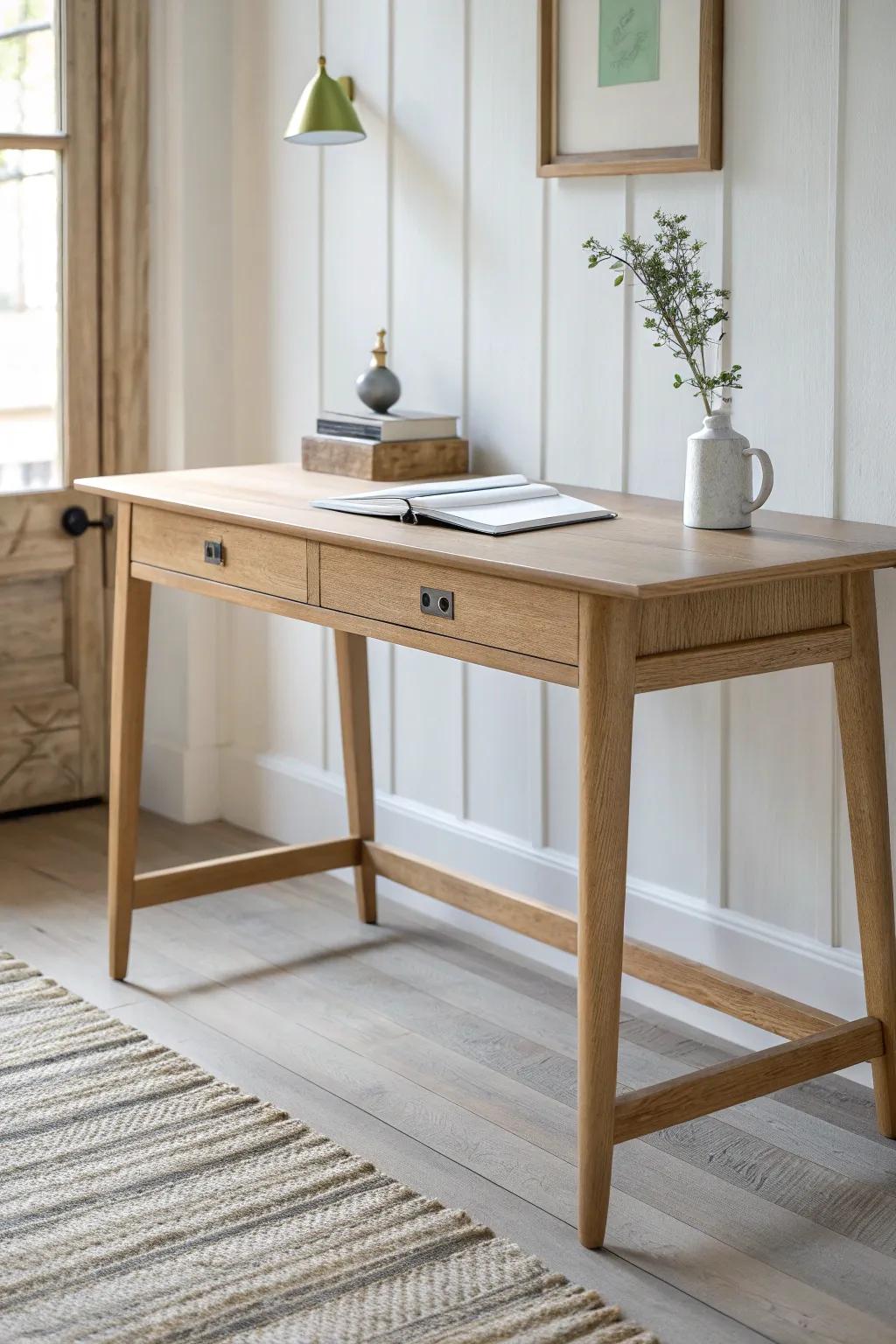 Classic solid-wood writing desk with a matte finish and a clever under-lip detail.