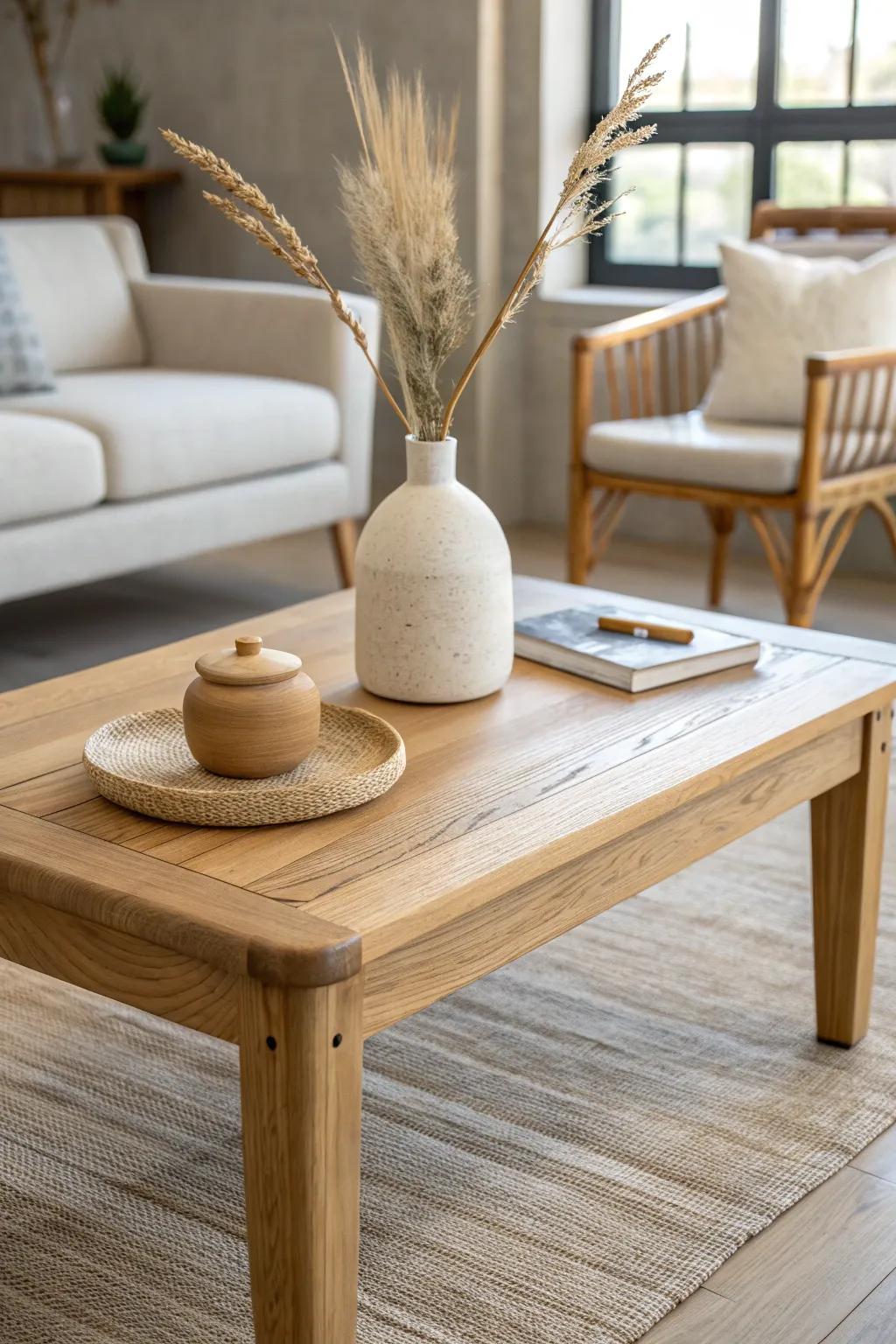A handcrafted oak coffee table anchors a cozy lobby conversation cluster—simple, warm, inviting.