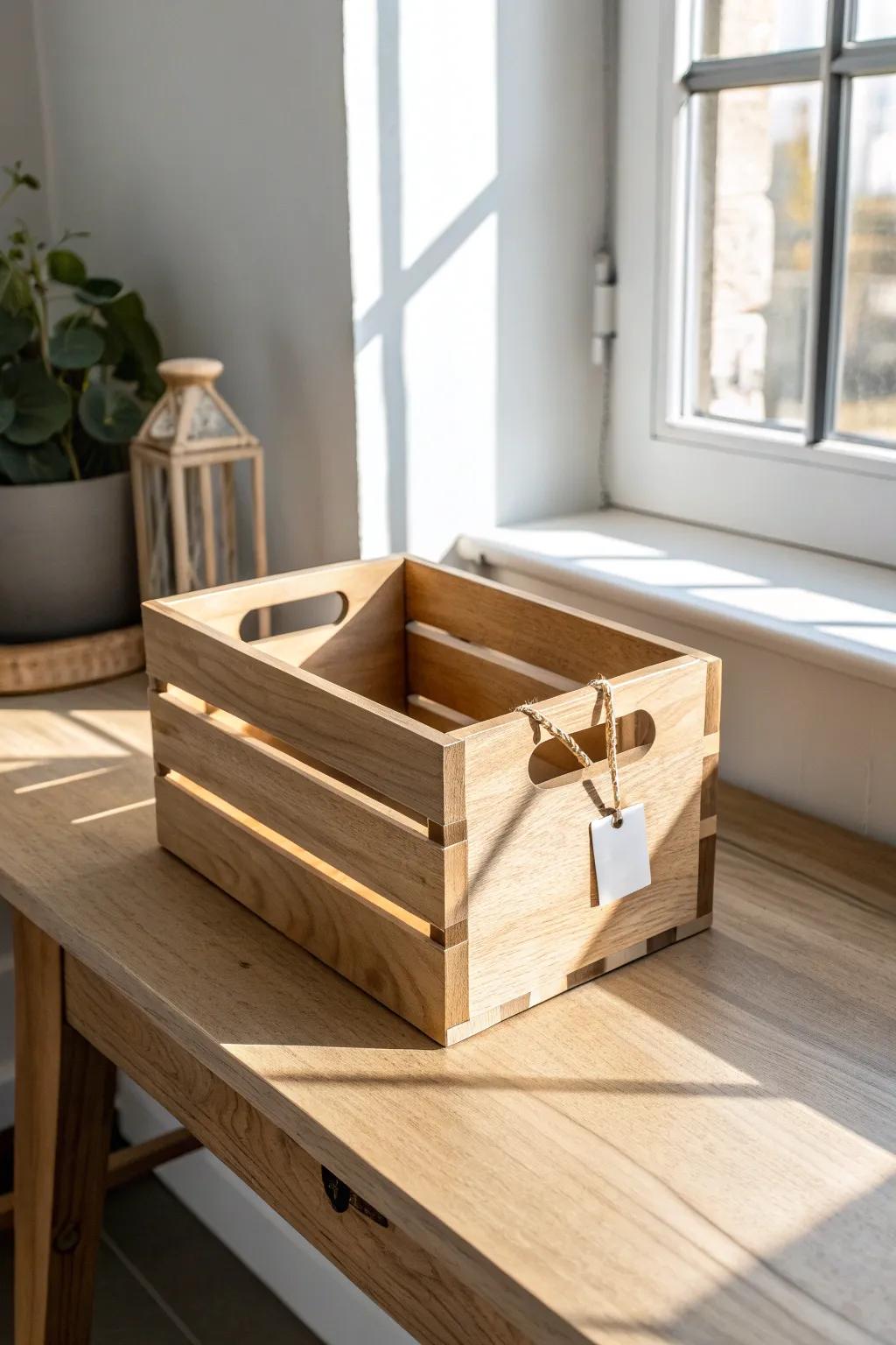 A simple wood crate turns “maybe” clutter into a tidy test pile—declutter in one move.