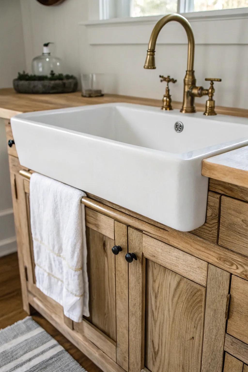 A timeless apron-front sink framed in chunky oak—simple hardware, instant farmhouse charm.