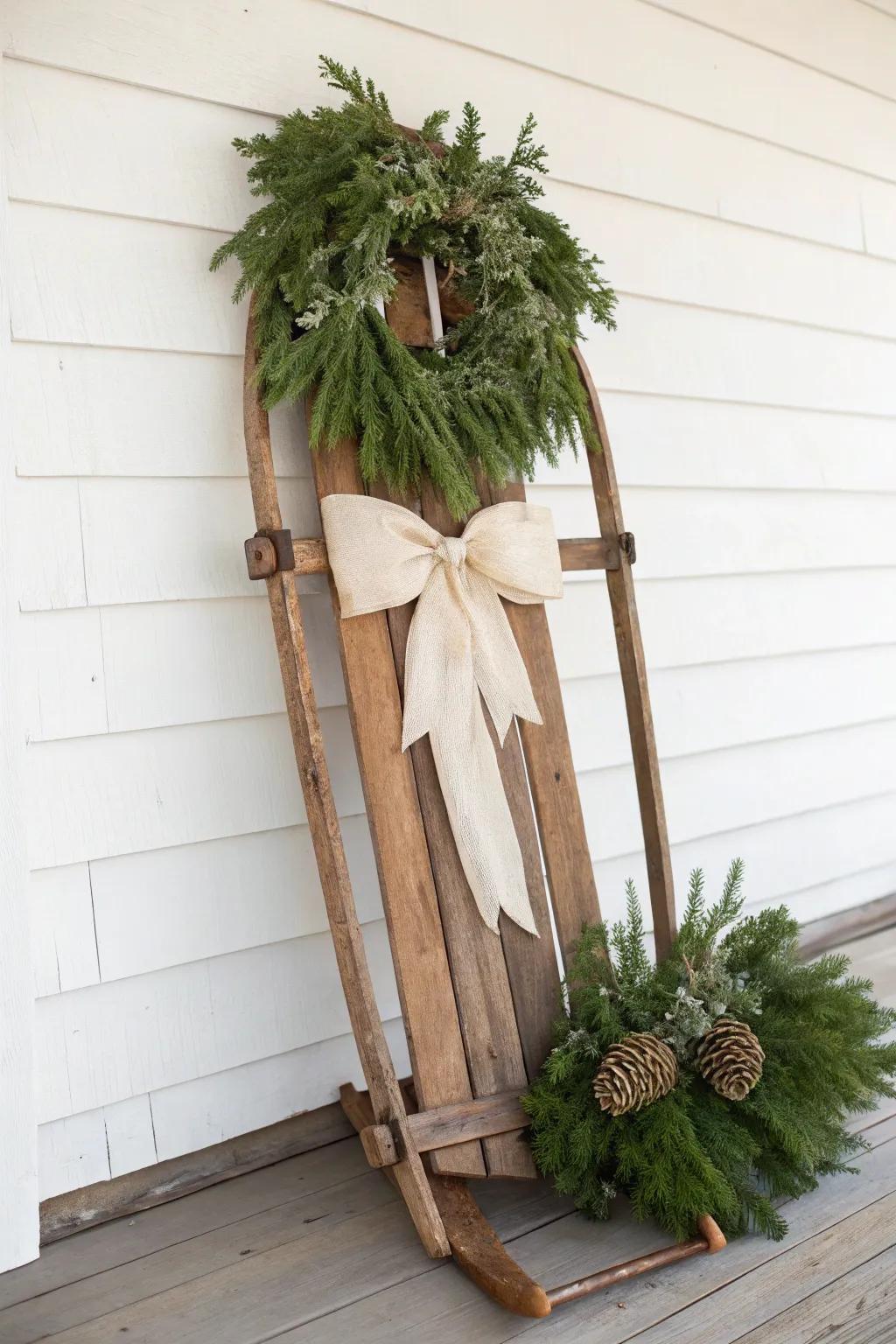 Evergreen swag + oversized bow turns a vintage sled into timeless porch charm all winter.