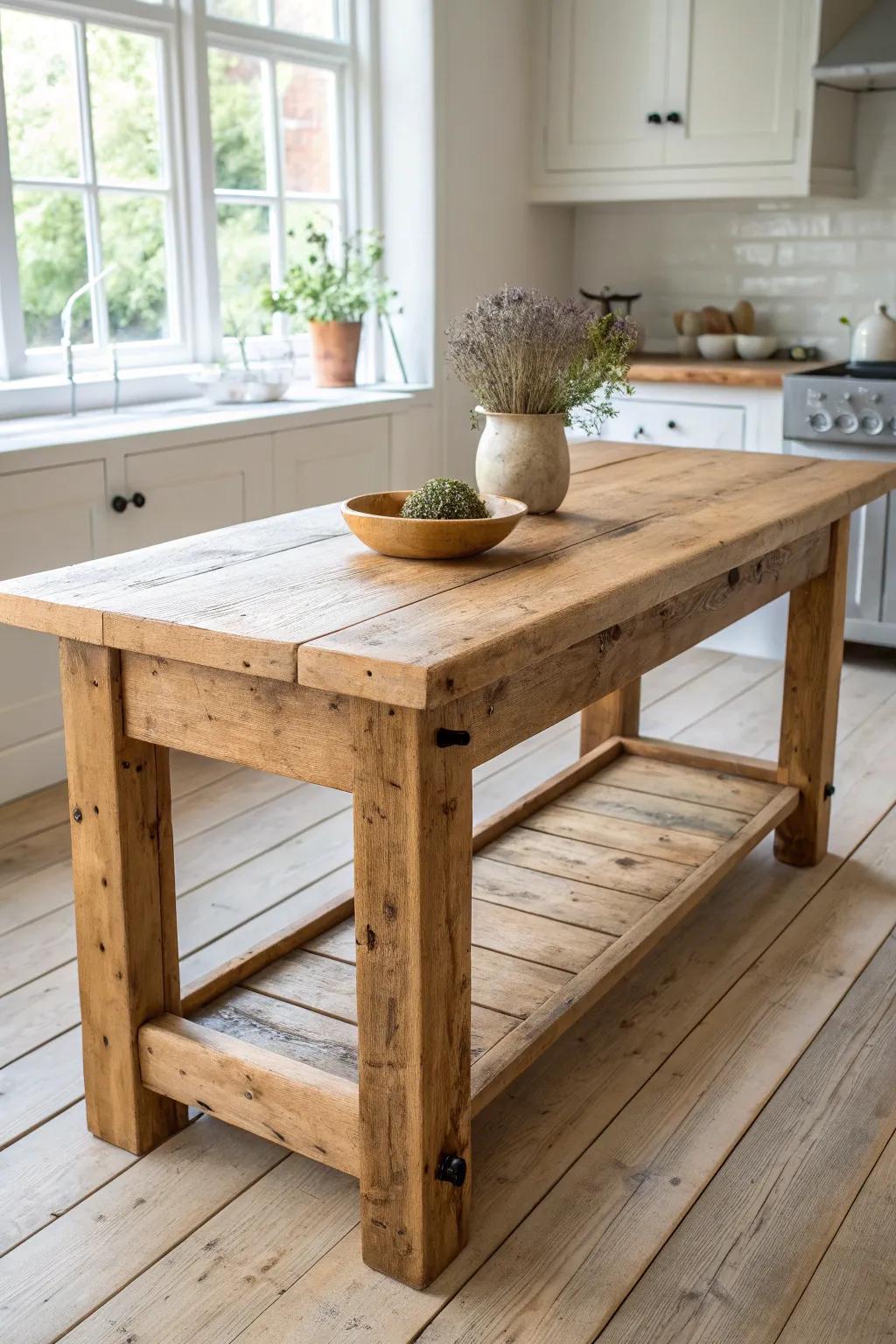 A chunky reclaimed-wood farm table island adds instant old-kitchen warmth and charm.
