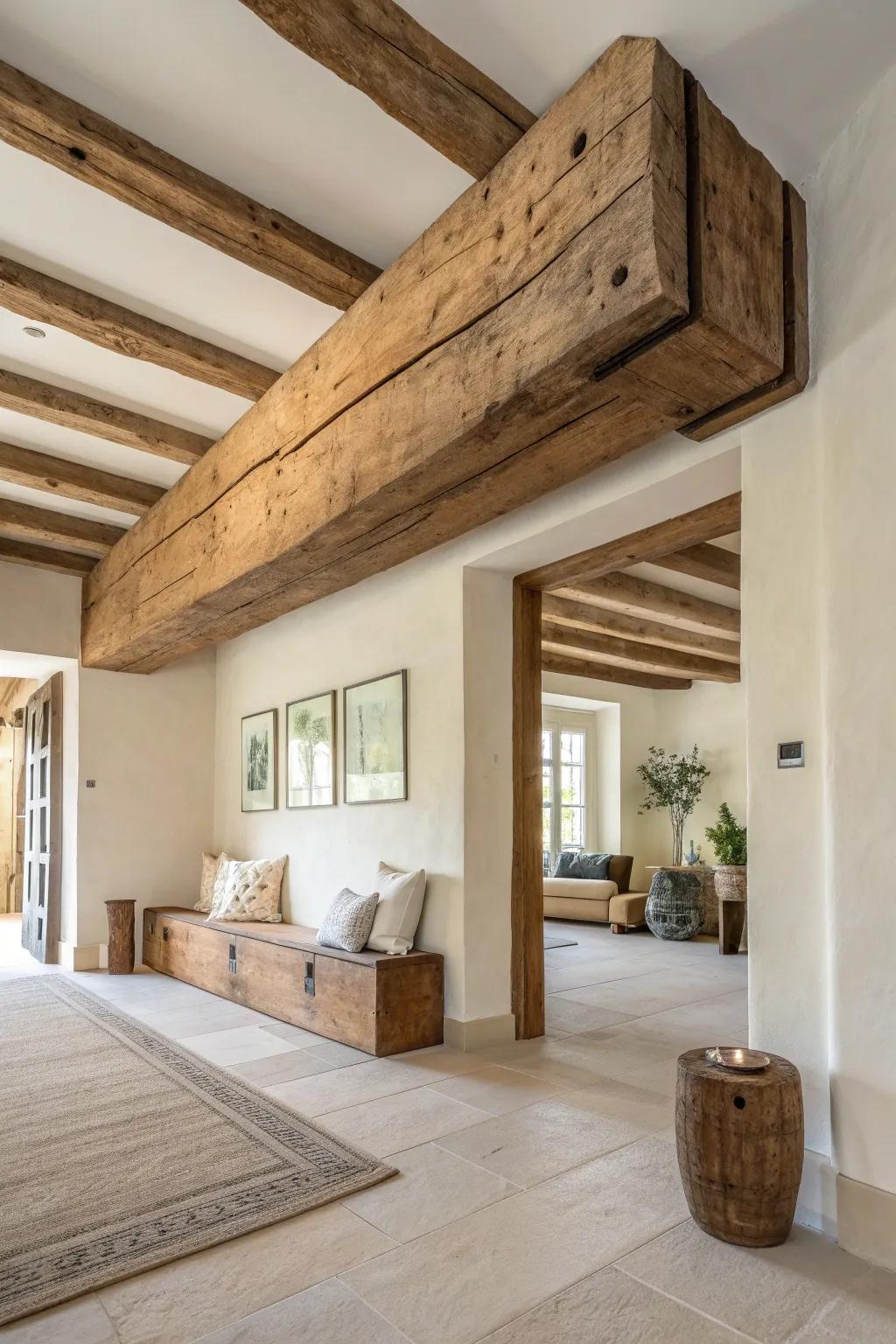 Old-world charm in one beam: hand-hewn texture, imperfect stain, timeless warmth.