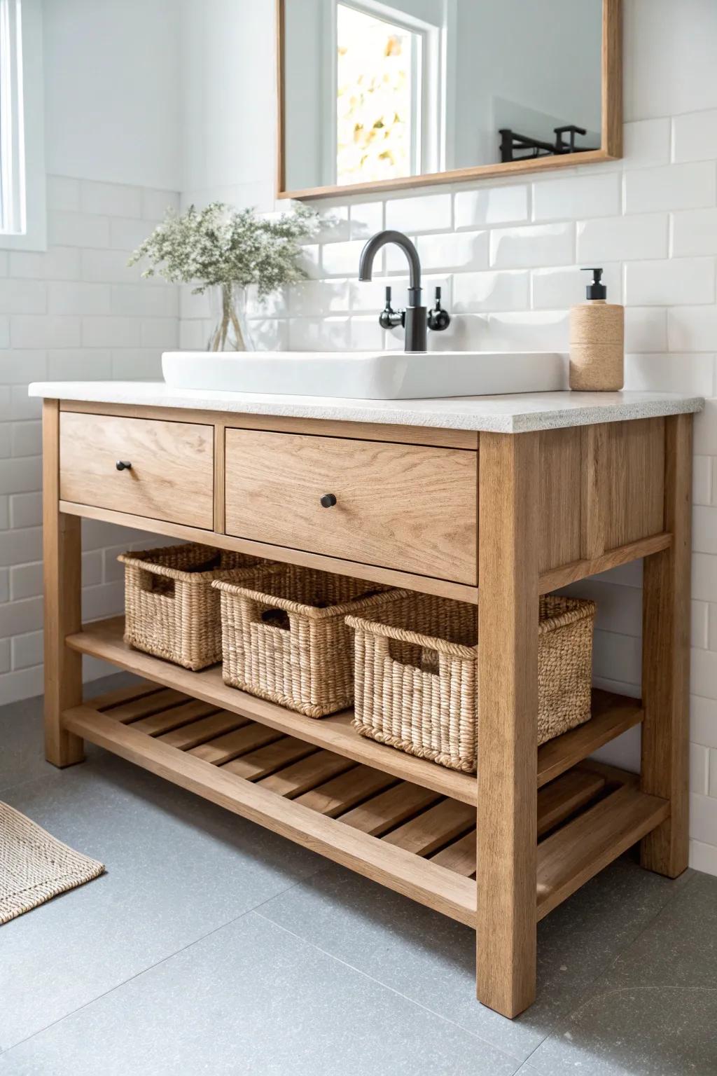 Pale oak open-shelf vanity with woven baskets—Scandi calm with a soft boho touch.