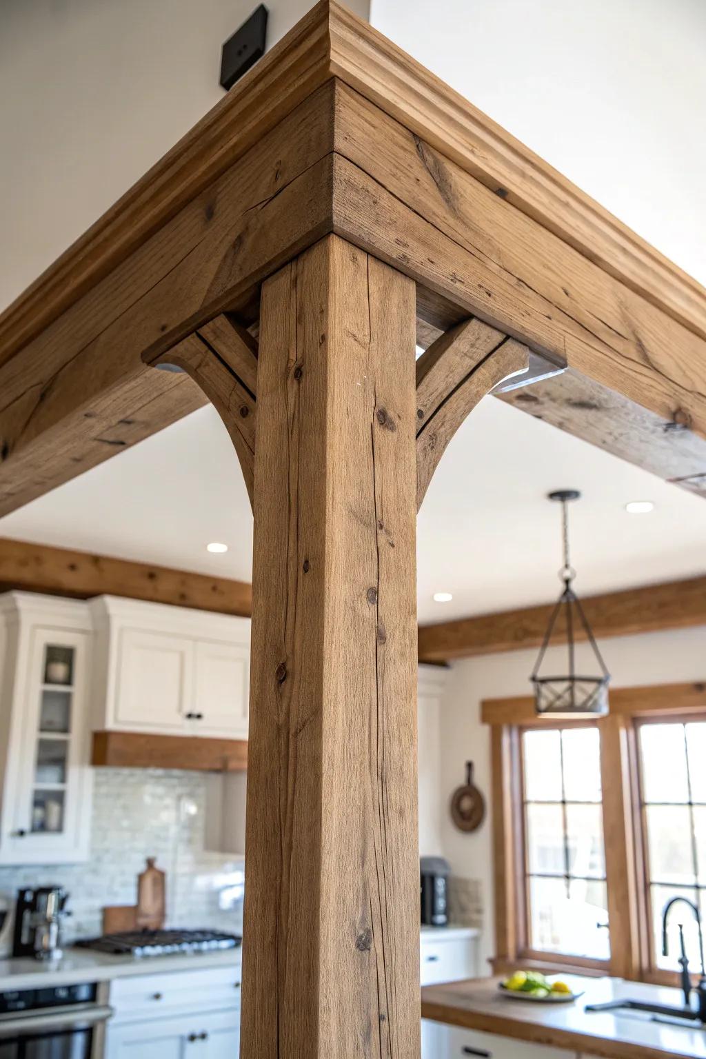 A wood-wrapped beam turns a structural must into a warm, intentional open-concept statement.