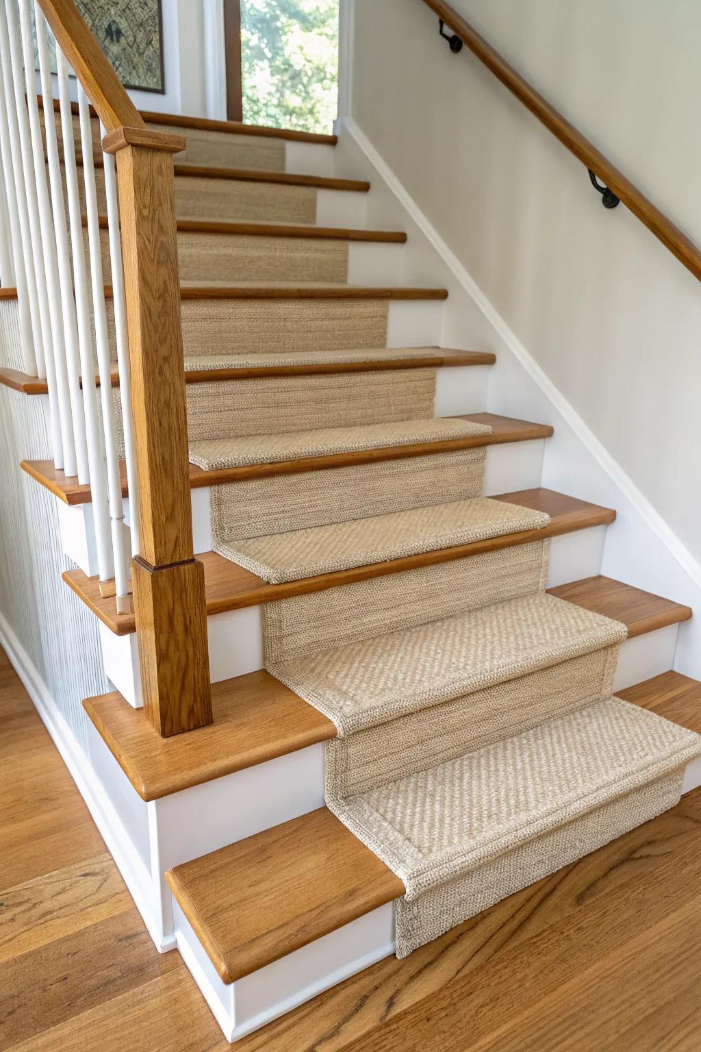 Classic neutral woven carpet treads that keep oak edges visible—safe, simple, beautiful.