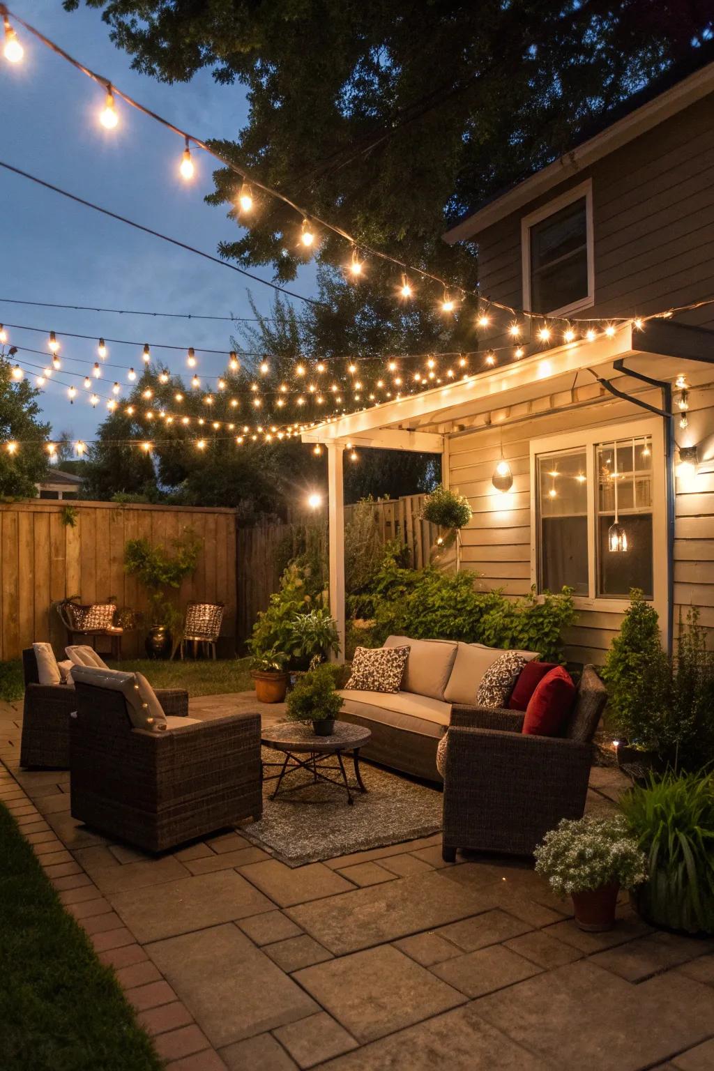 Fairy lights strung above your outdoor seating area create a dreamy setting.
