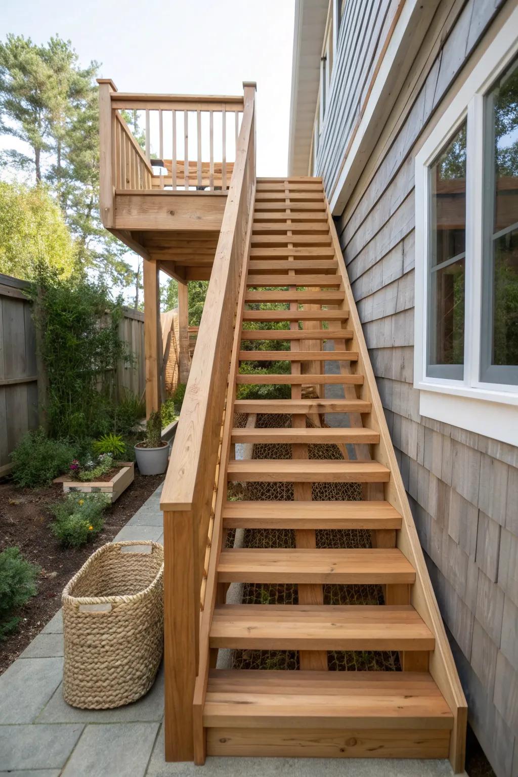 Classic straight-run outdoor stairs—clean lines, solid stringers, and an easy deck-to-yard step.