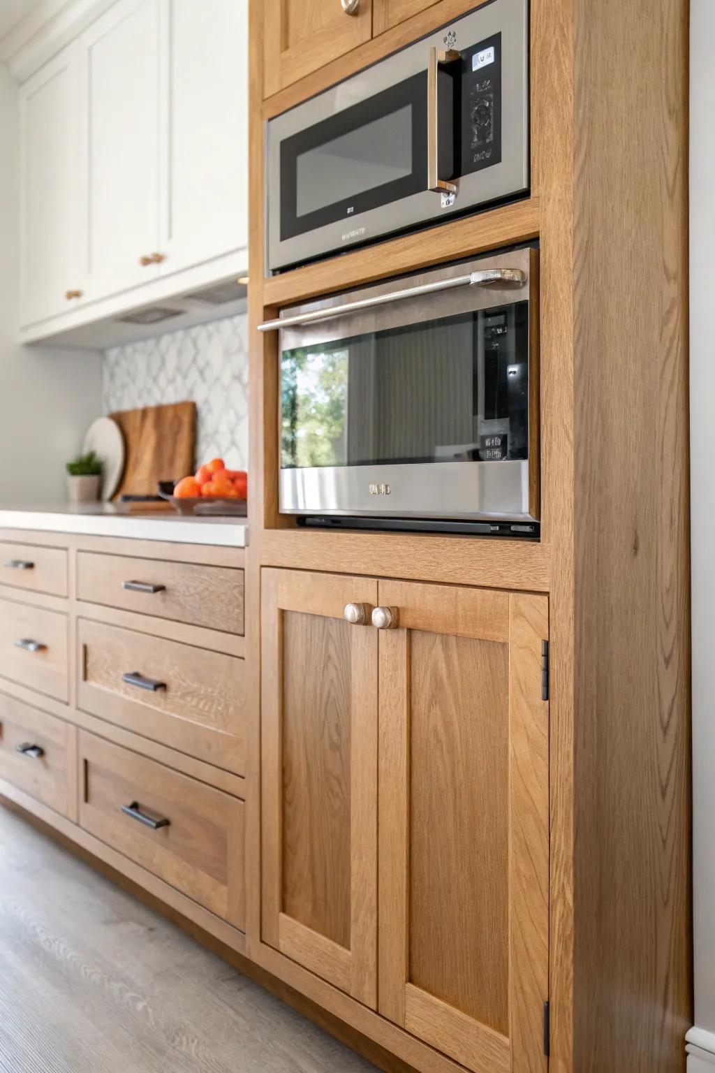 A snug surround cabinet boxes in the over-the-range microwave for a seamless custom built-in look.