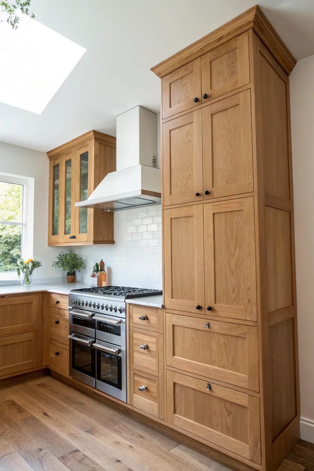 Ceiling-height Shaker cabinet stack adds custom charm and hidden storage above the stove.