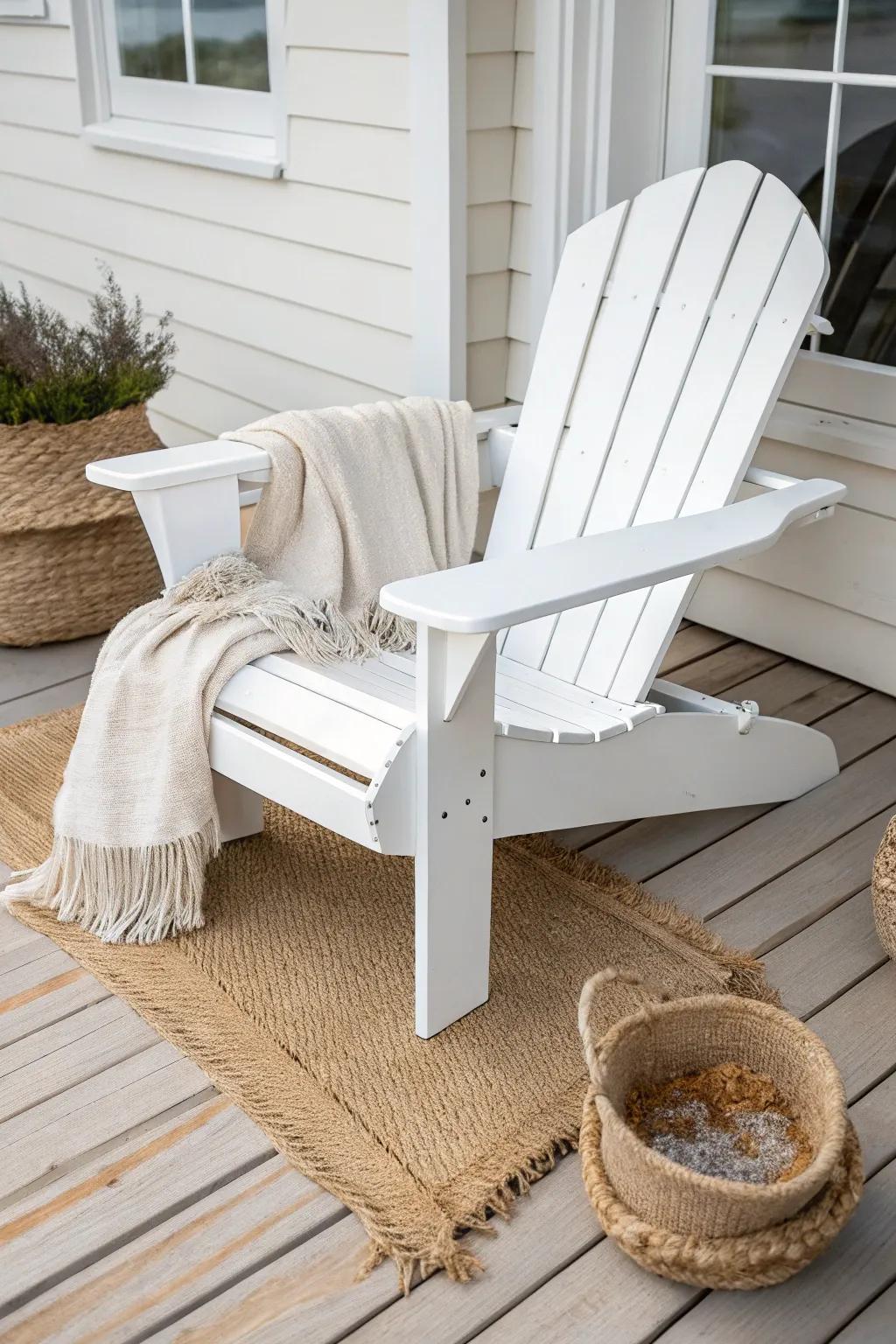 Classic crisp white Adirondack chair—fresh, timeless, and softly glowing in natural light.