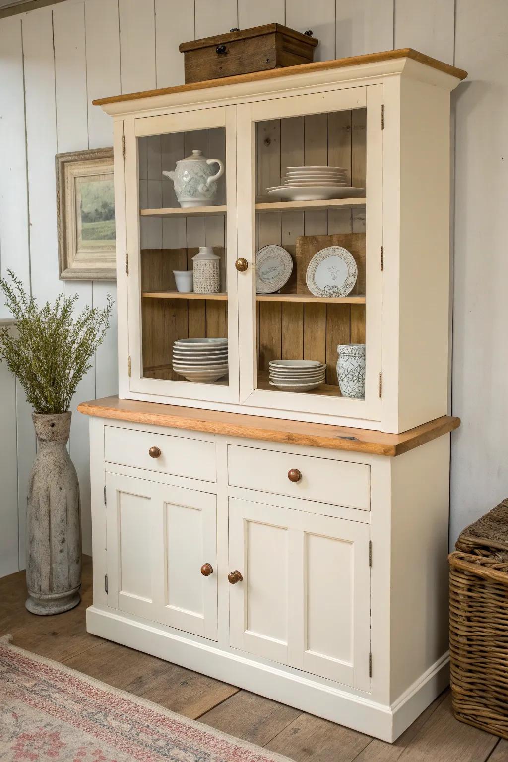 Warm creamy white buffet + hutch: a lighter, collected farmhouse look with crafted contrast.