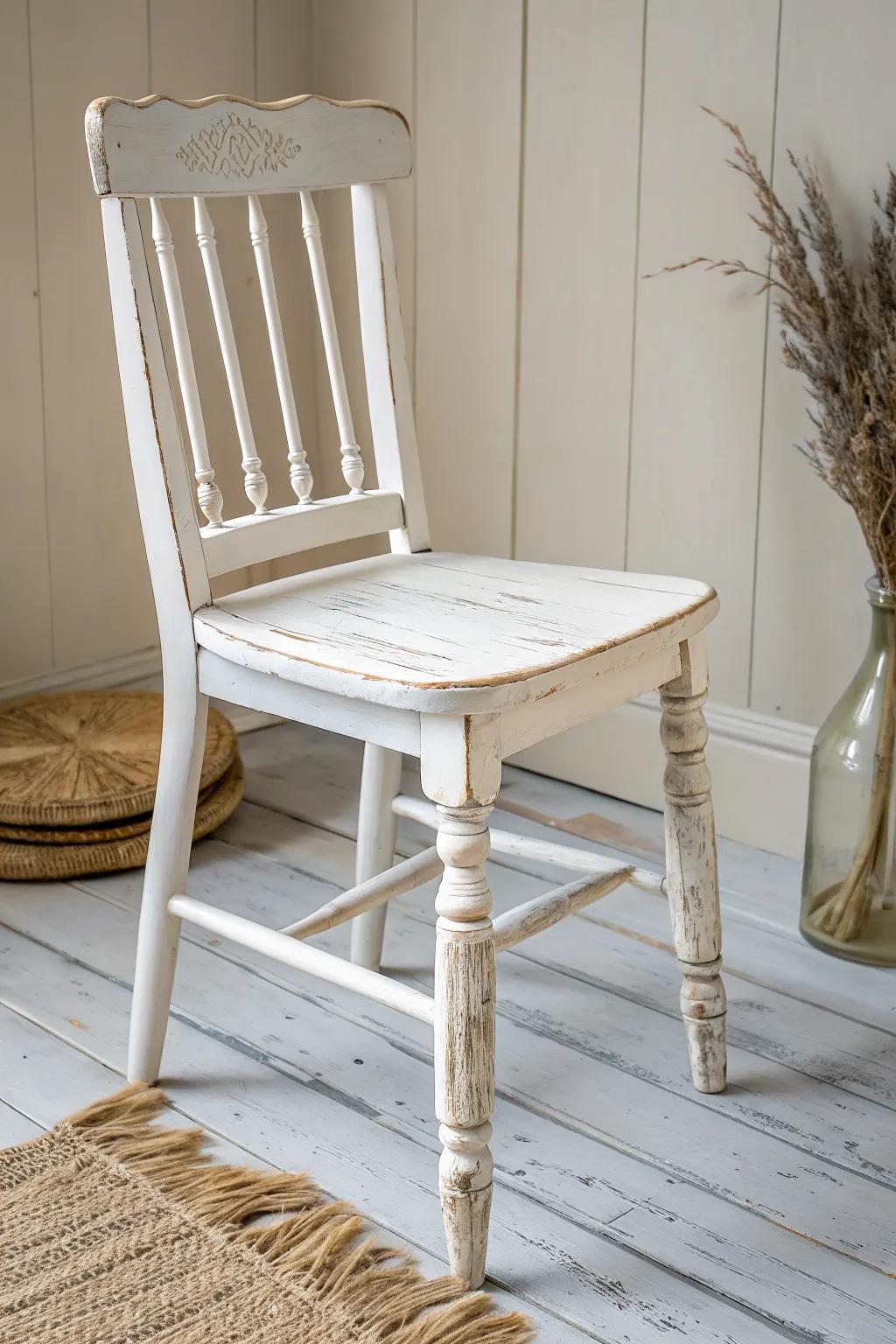 Crisp white distressed farmhouse chair—soft, cozy, and beautifully timeworn.