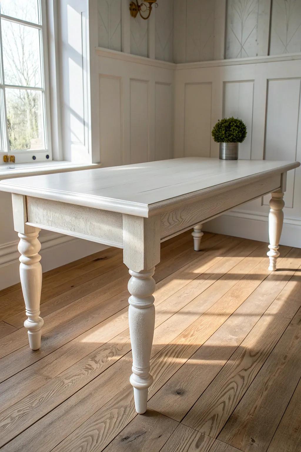 Soft-white satin farmhouse table: bright, timeless, and made for real-life dinners and easy cleanup.