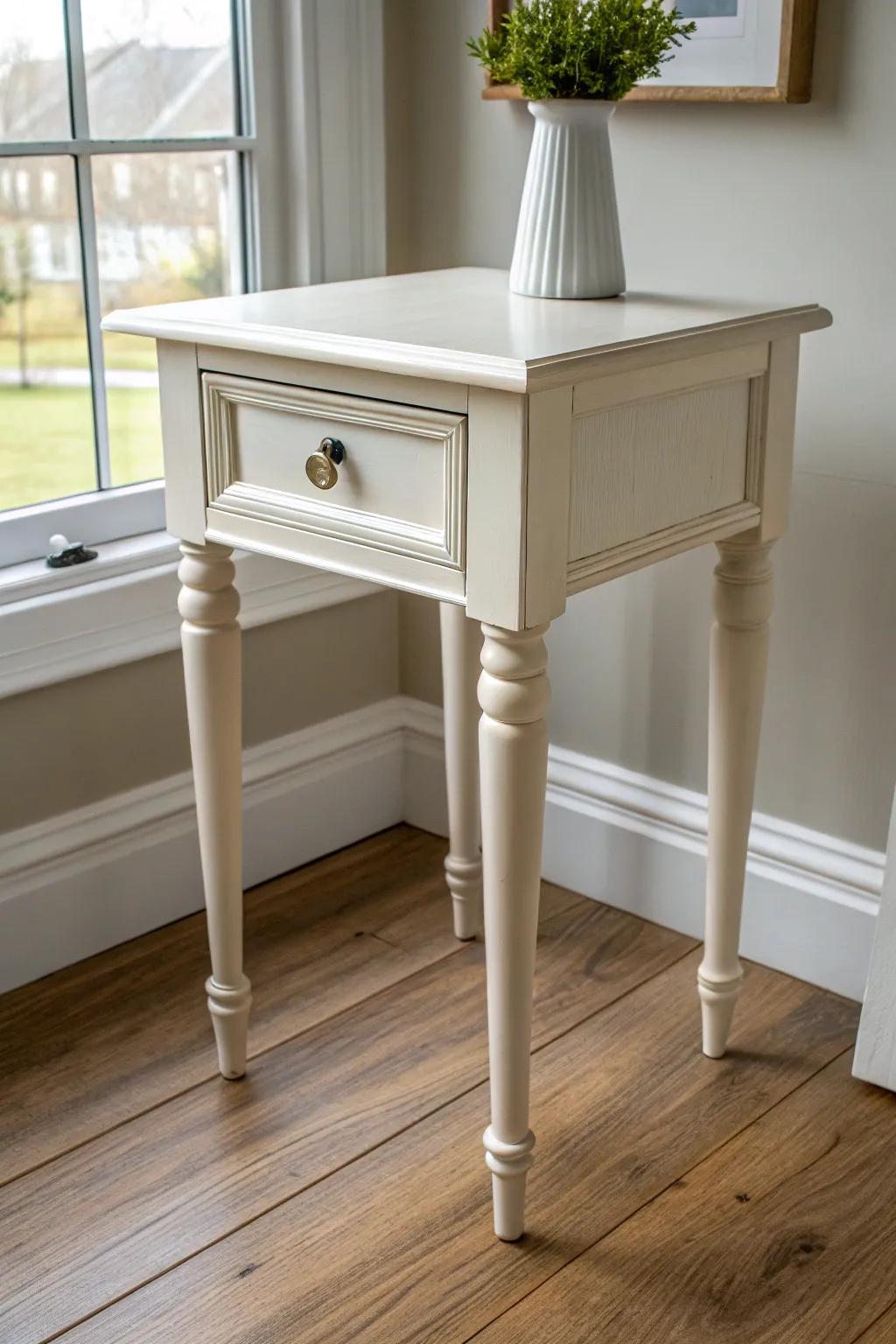 Matte warm‑white farmhouse end table—an instant bright refresh for any thrifted find.