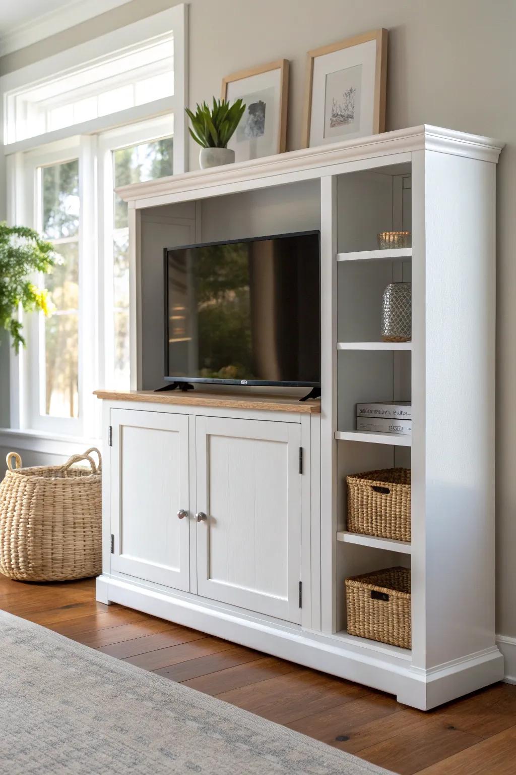 Classic bright white entertainment center: satin sheen, clean built-in look, easy to wipe.
