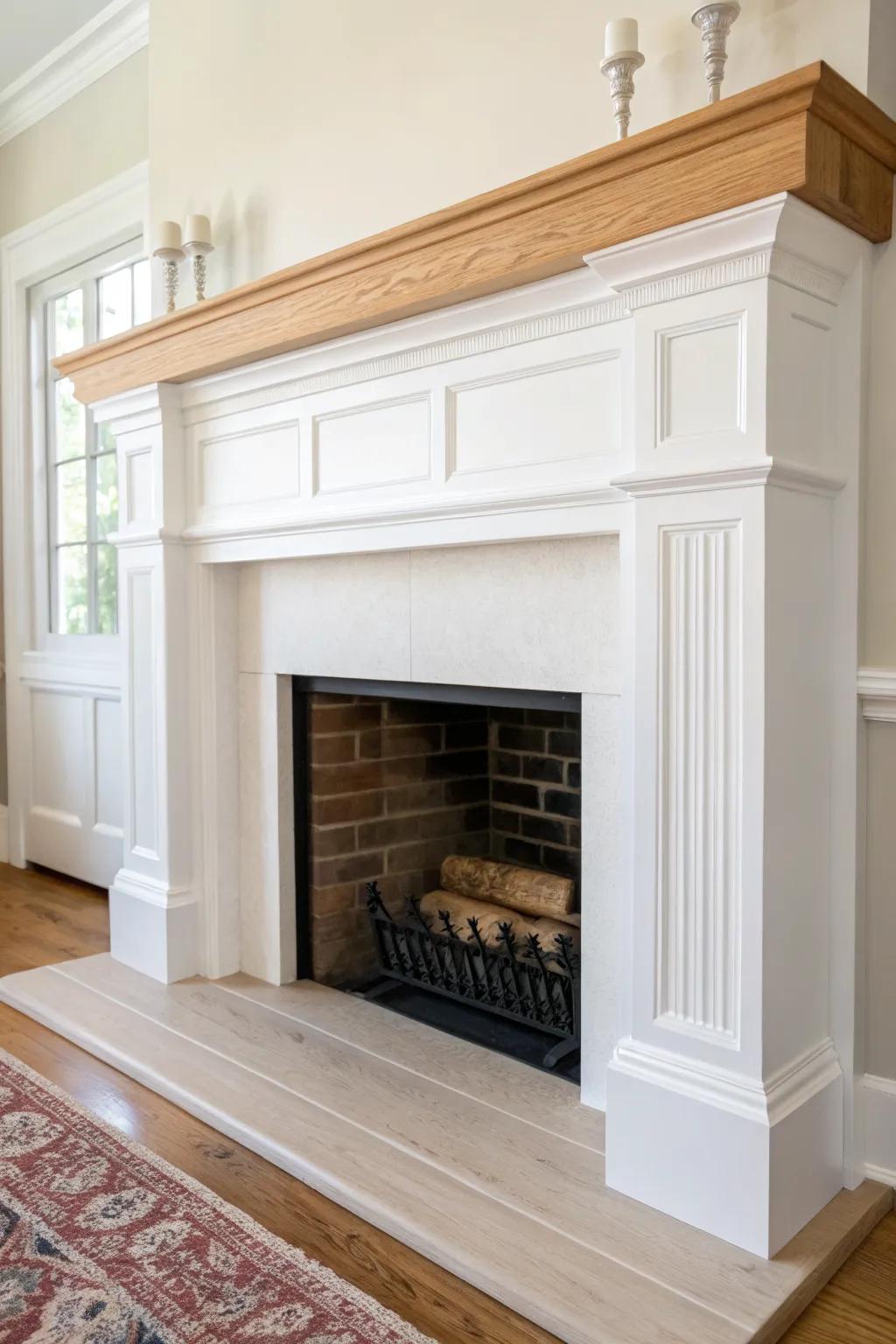 Classic bright white fireplace surround—crisp, clean contrast with warm natural wood.