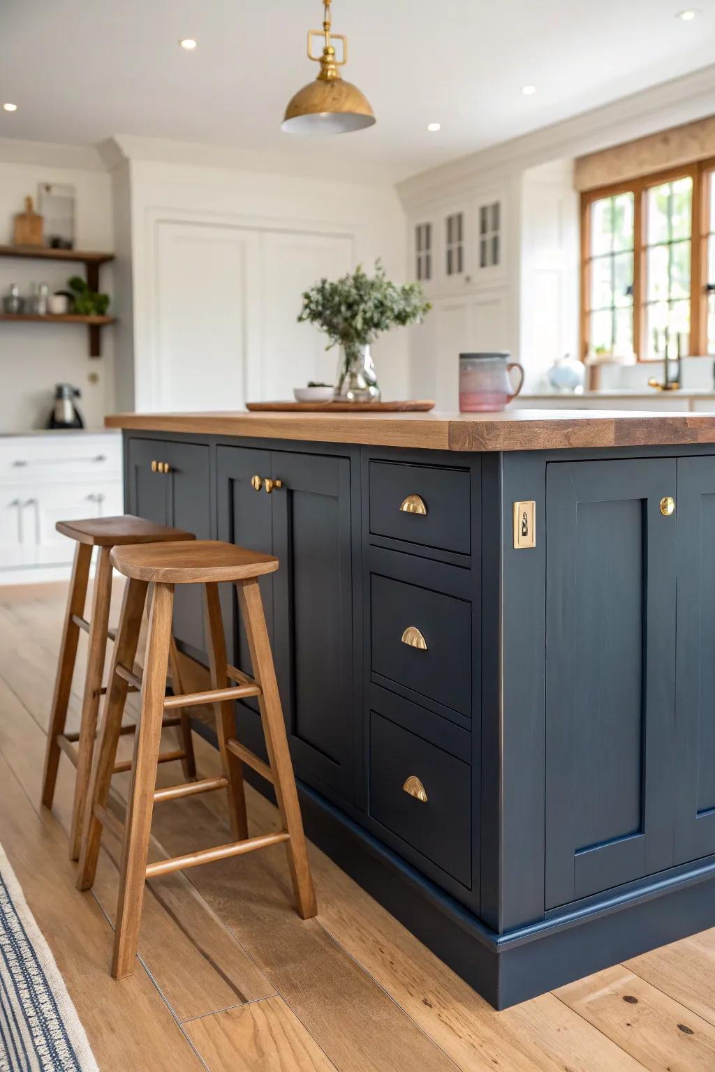 Deep navy island, warm oak top—classic contrast that instantly anchors a light, airy kitchen.