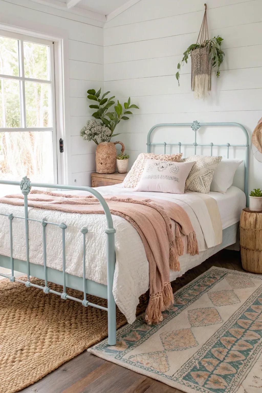 Transform your space into a serene retreat with a vintage chic pastel bed frame.