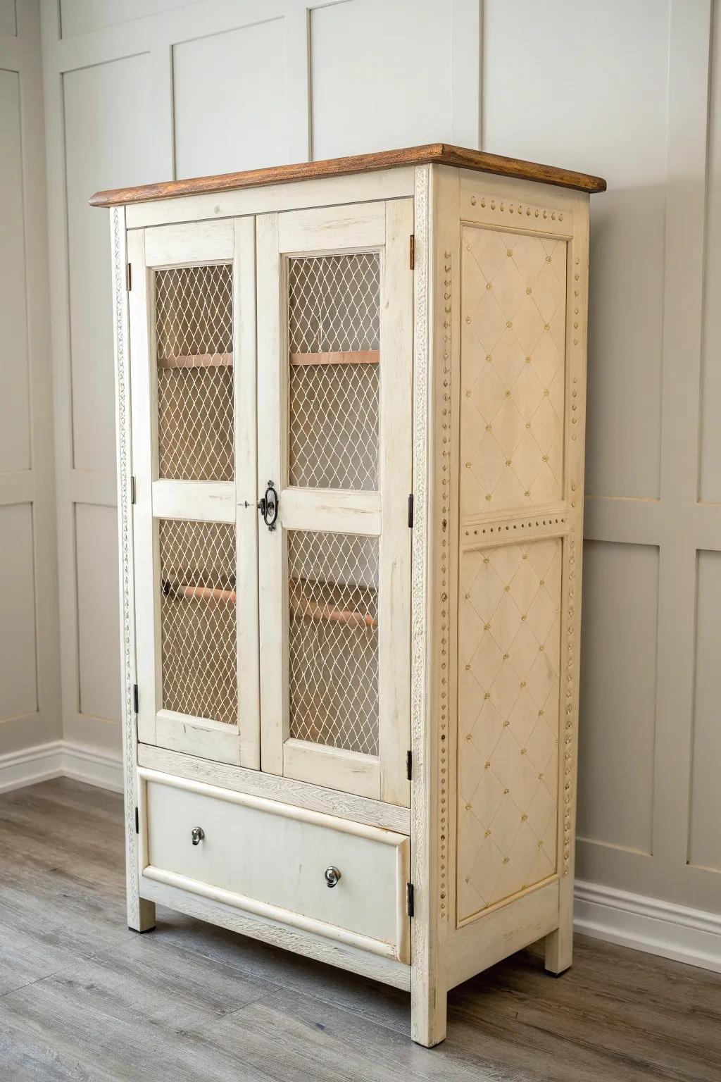 Warm white pie safe with bare tin panels—softly distressed for timeless farmhouse charm.