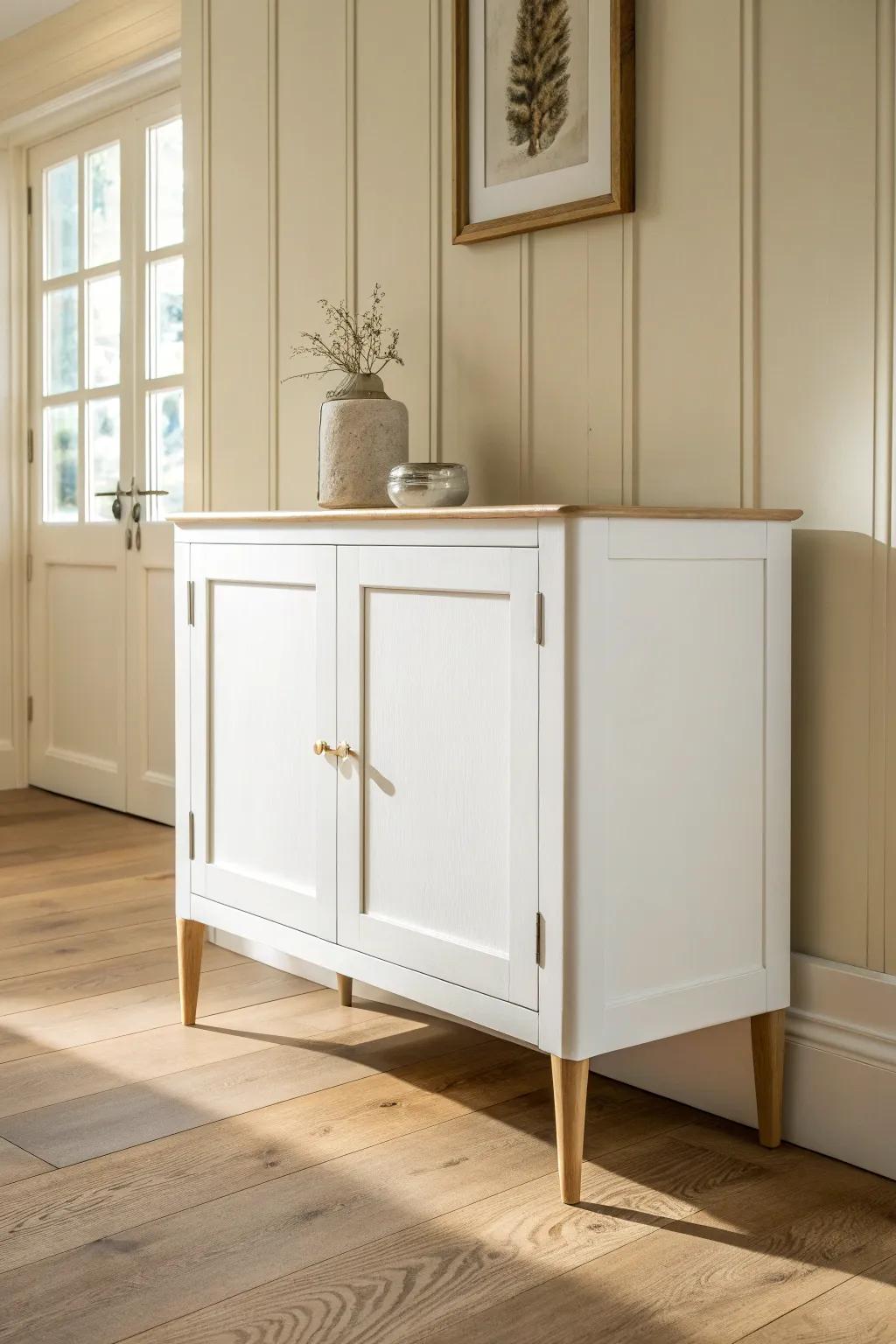 Crisp matte-white sideboard: a timeless makeover that brightens heavy wood lines instantly.