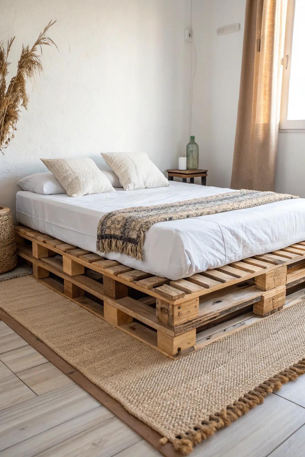 Classic low pallet platform: two sanded pallets, crisp white bedding, modern relaxed vibe.