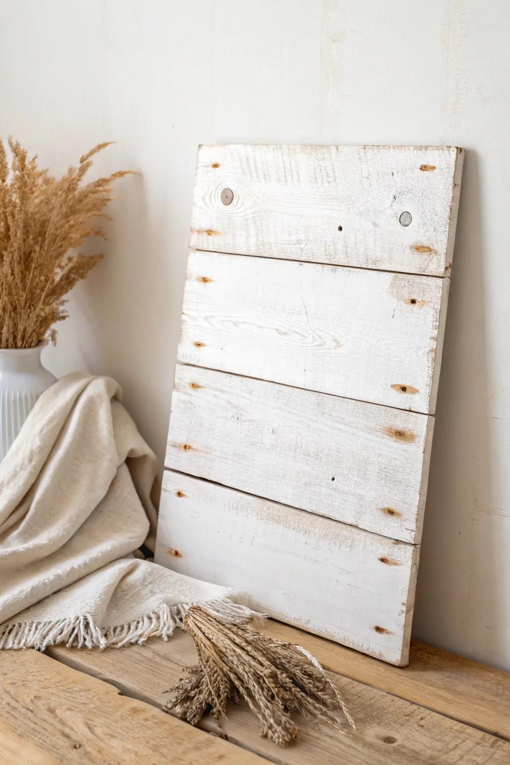 Creamy white pallet sign with softly sanded edges—let the grain and dents do the decorating.