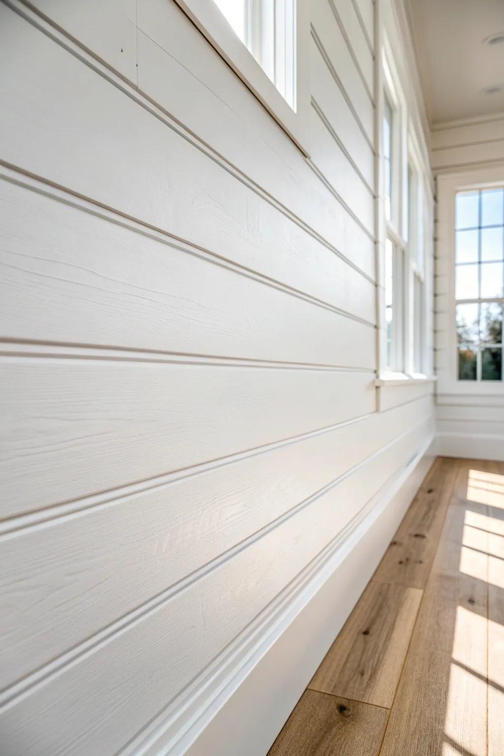 White painted shiplap brightens basement walls and makes low ceilings feel lighter instantly.