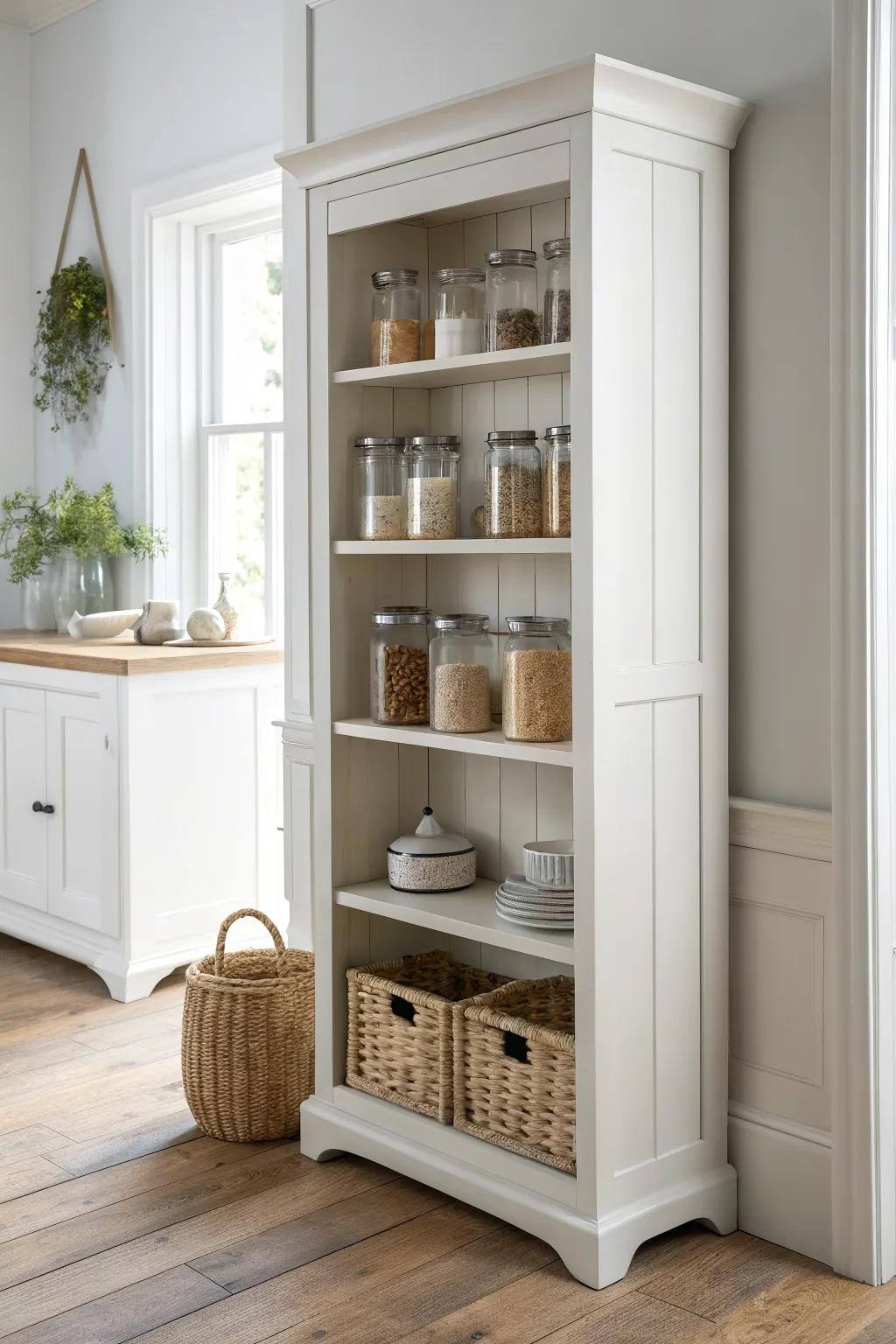 Classic open shelving keeps pantry essentials visible and airy—simple, custom, and timeless.