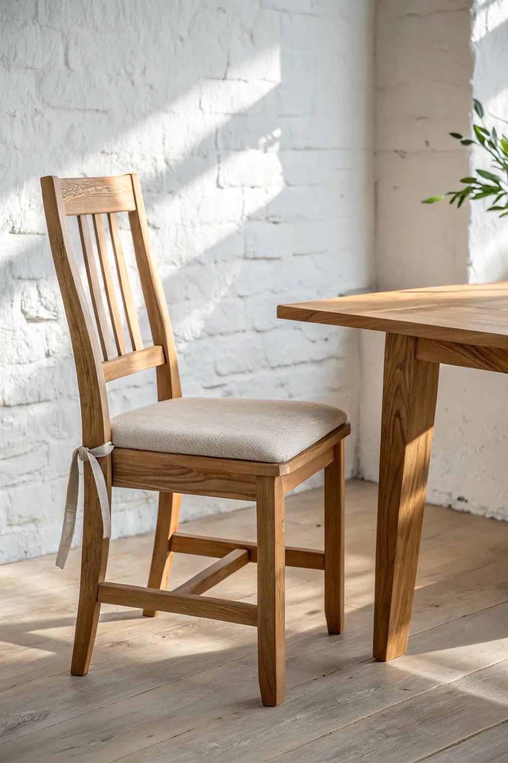 Pull-up seating made pretty: one crafted oak chair with a tied-on linen cushion.