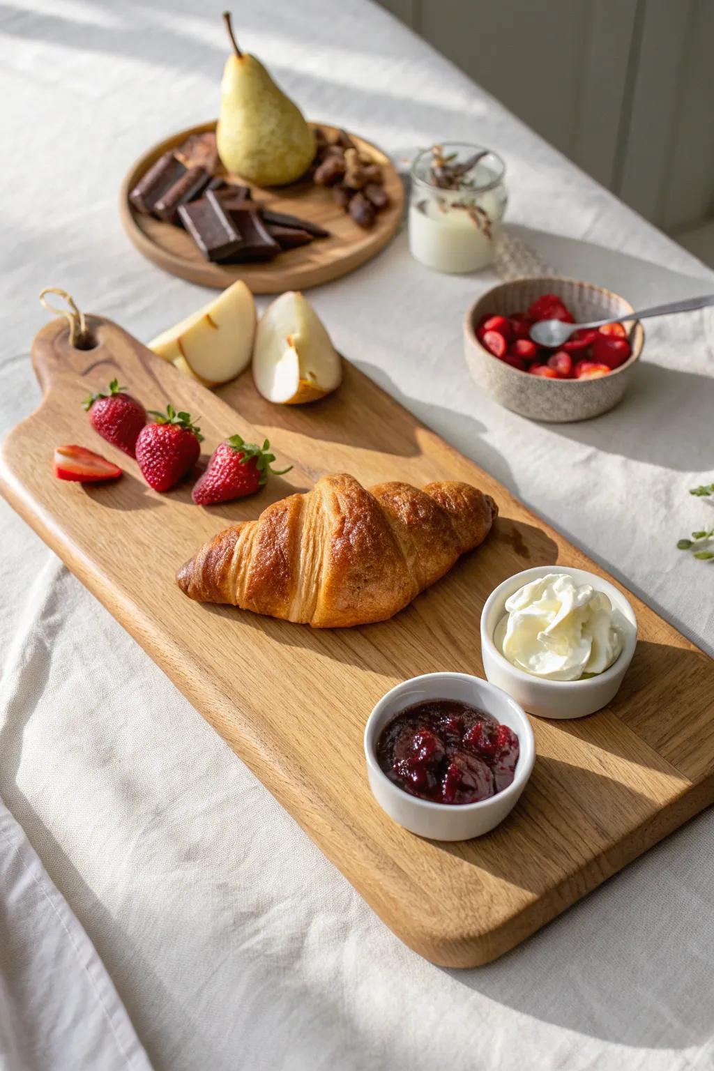 A classic brunch pastry board: flaky pastries, fresh fruit, jam, and whipped topping—simple and lush.