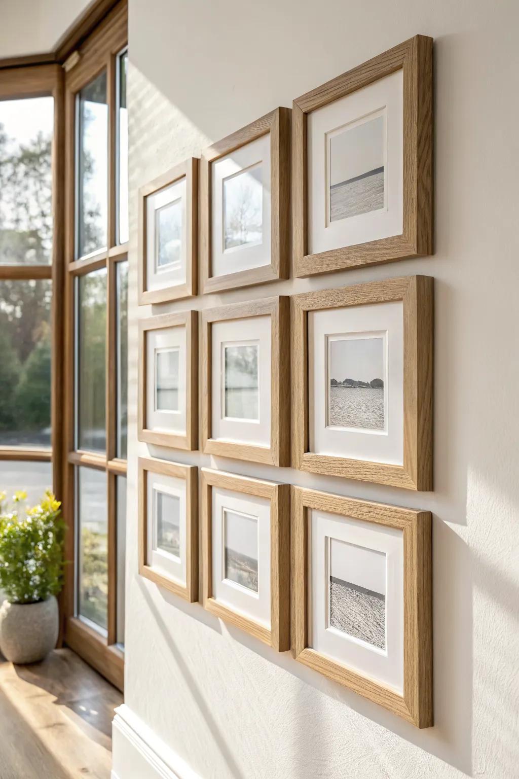 Classic symmetrical grid of matching oak frames—clean, calming, perfectly measured spacing for a serene wall.