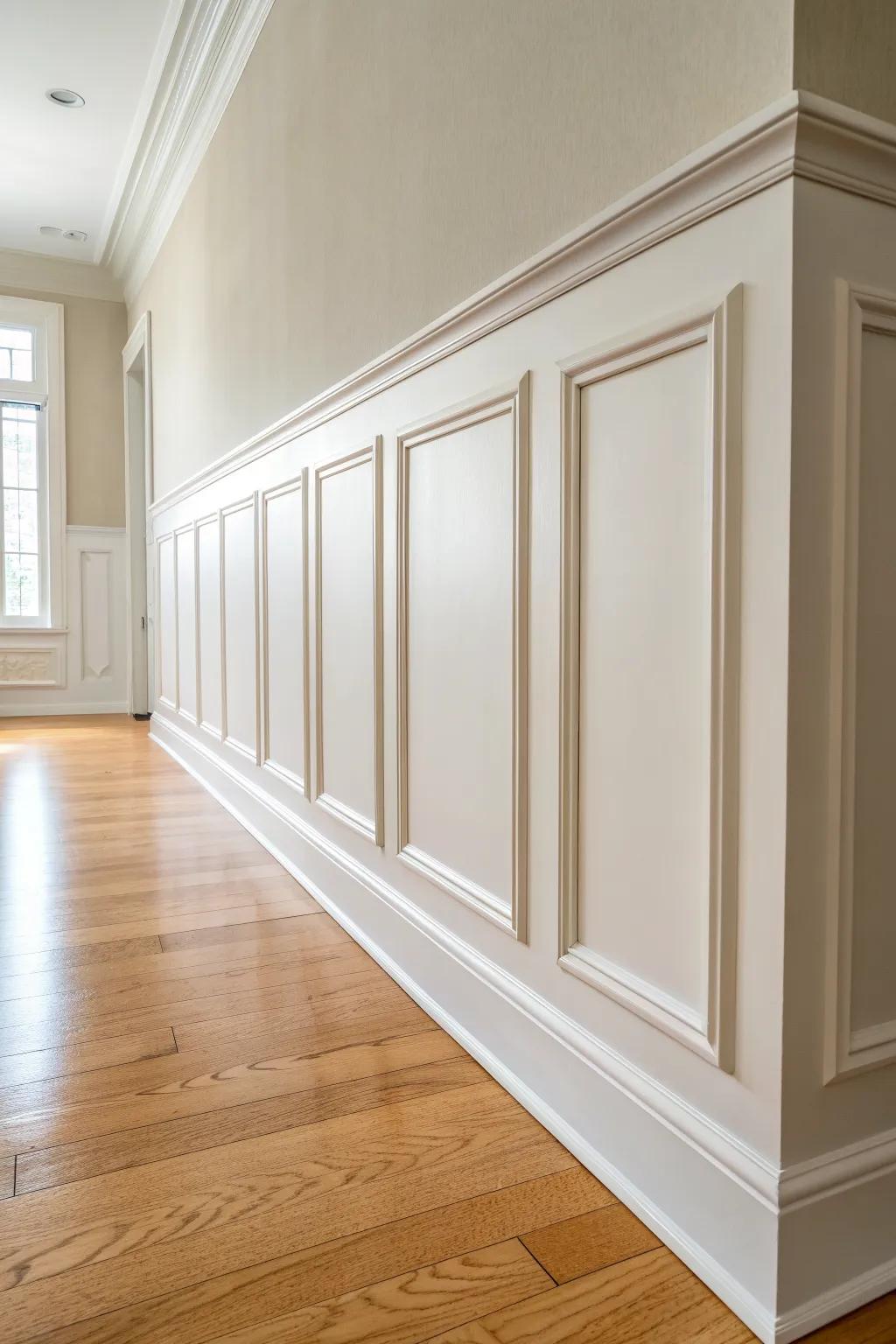 Classic half-wall picture frame wainscoting with a crisp chair rail—timeless, tailored, warm.