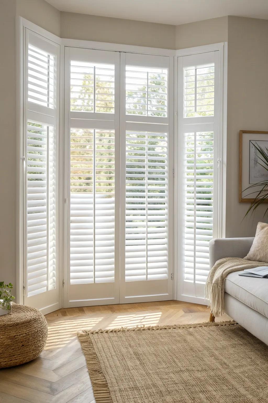 Crisp white full-height shutters make the living room feel taller, calmer, and beautifully finished.