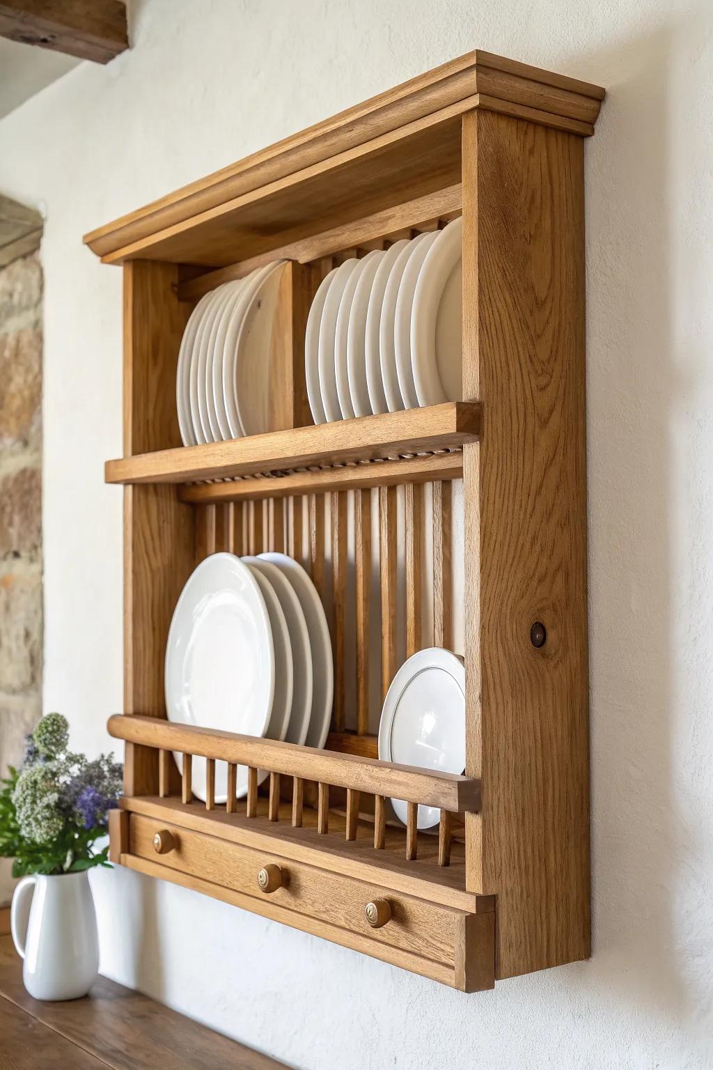 Warm oak wall plate rack with simple dowels—timeless farmhouse charm in a clean, airy look.