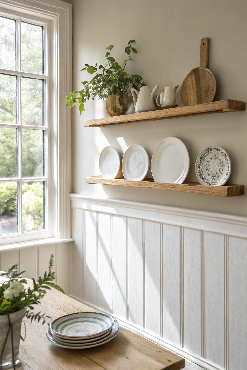 Classic dining room plate rail with white ceramics—warm oak, calm and beautifully finished.
