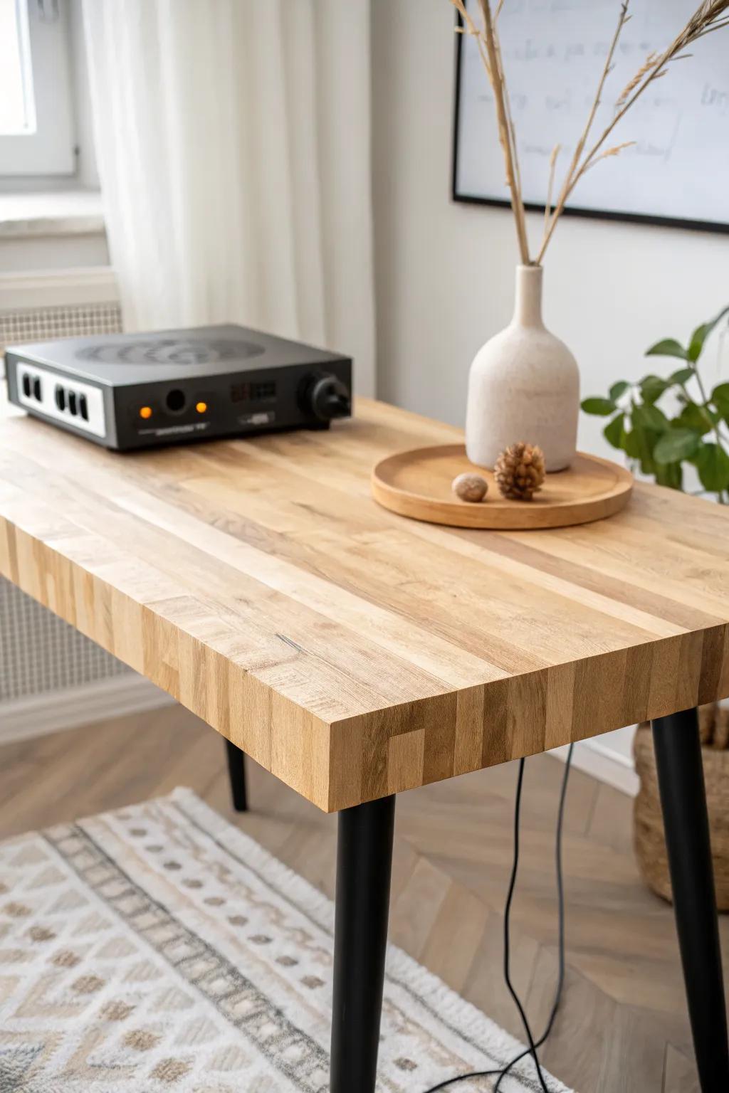 Thick butcher block podcast table with clean brass grommets—cords hidden, craft on display.