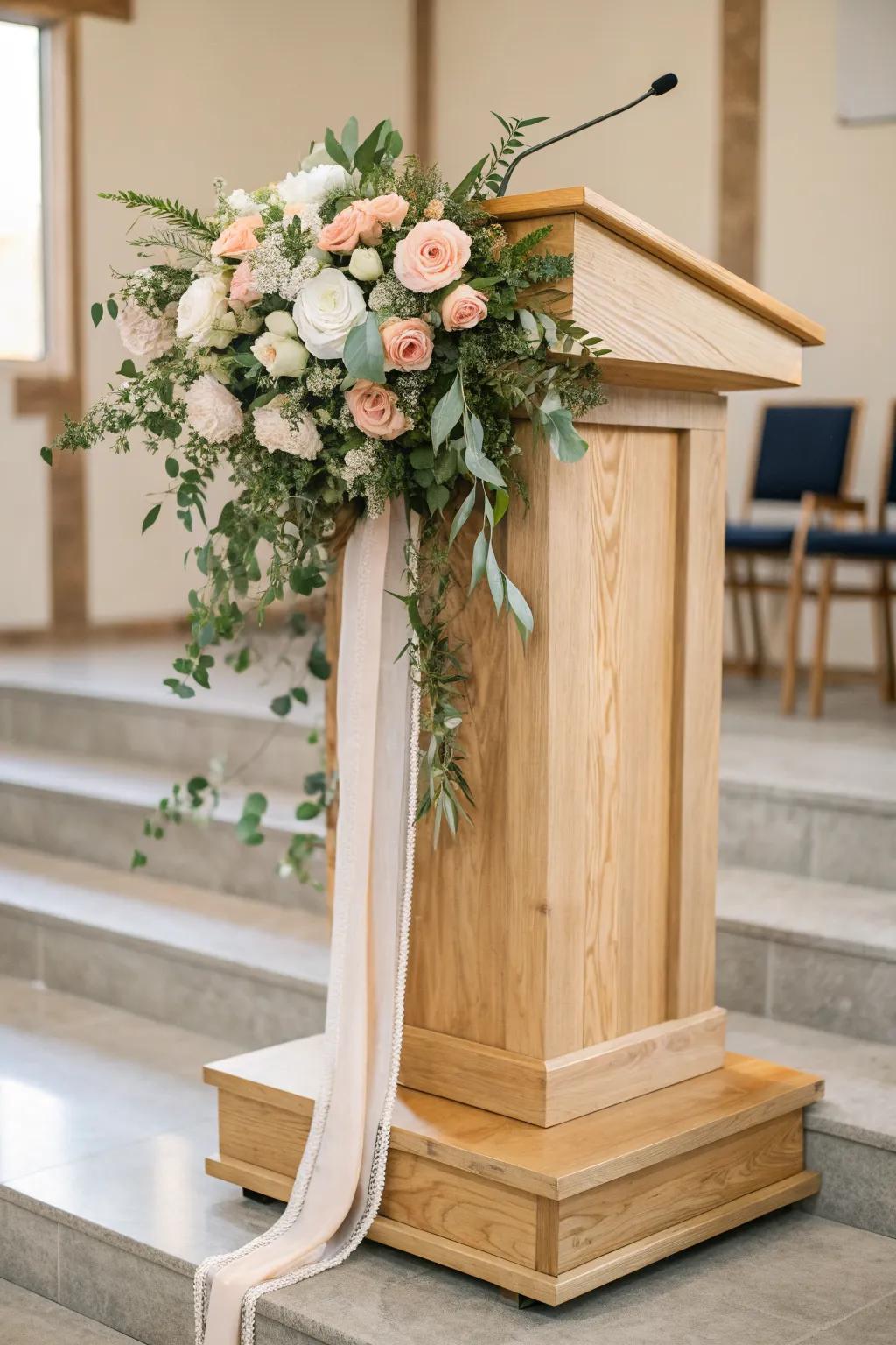 Classic floral swag elevates a wooden podium—fresh blooms and greenery, tied on gently.