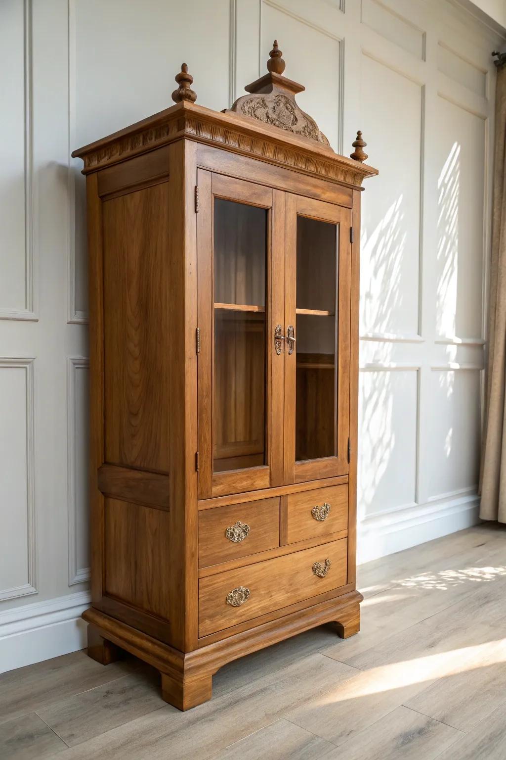 Timeless wooden pooja mandir cabinet with doors and drawer—warm stain, calm minimalist charm.