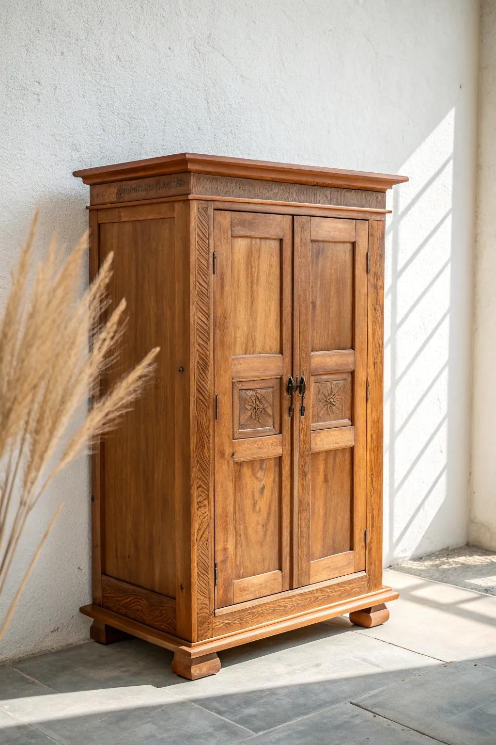Classic warm-stained wooden mandir cabinet with clean doors—crafted calm and tidy storage for pooja rituals.