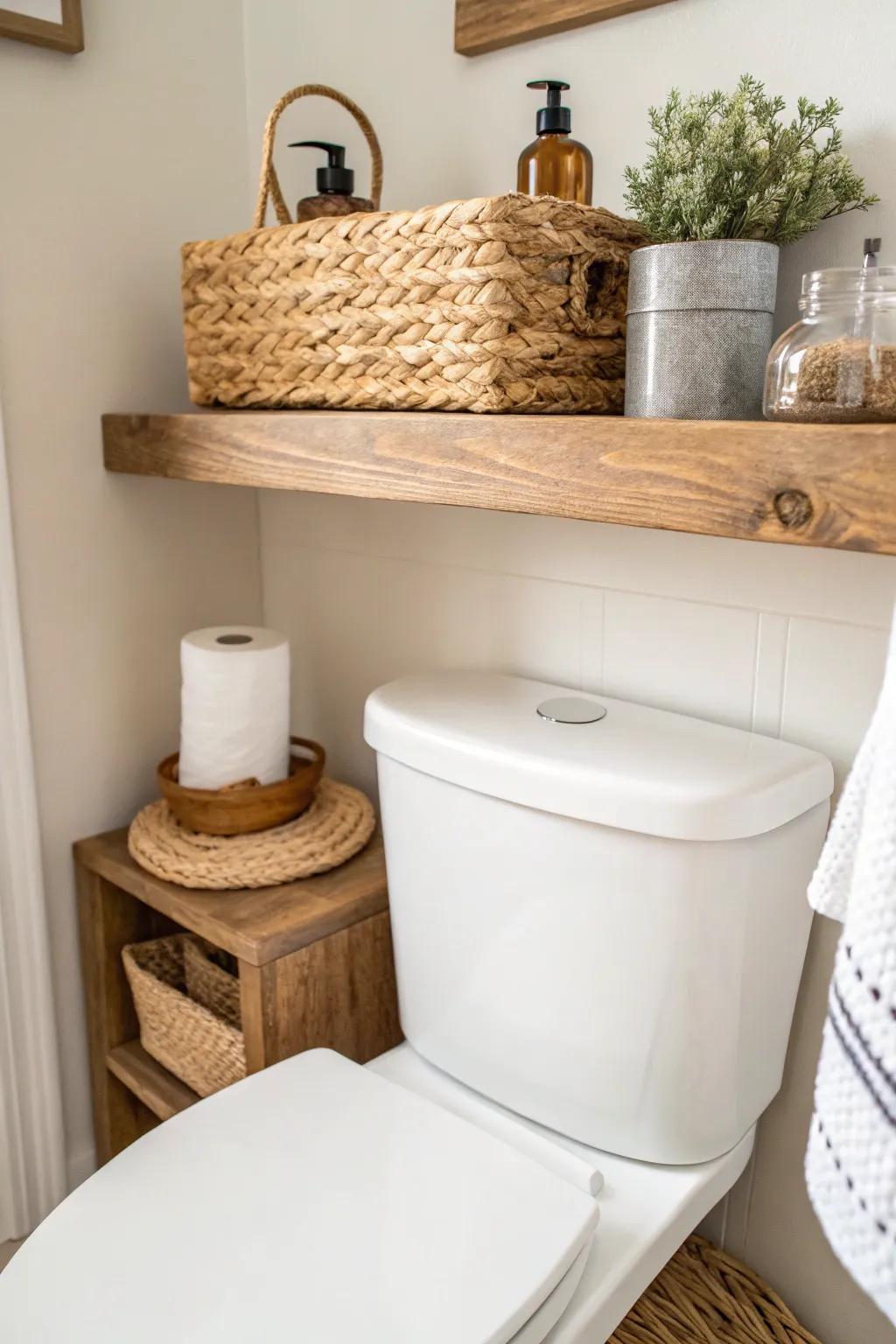 Chunky reclaimed-wood floating shelf above the toilet—simple, warm storage with boho texture.