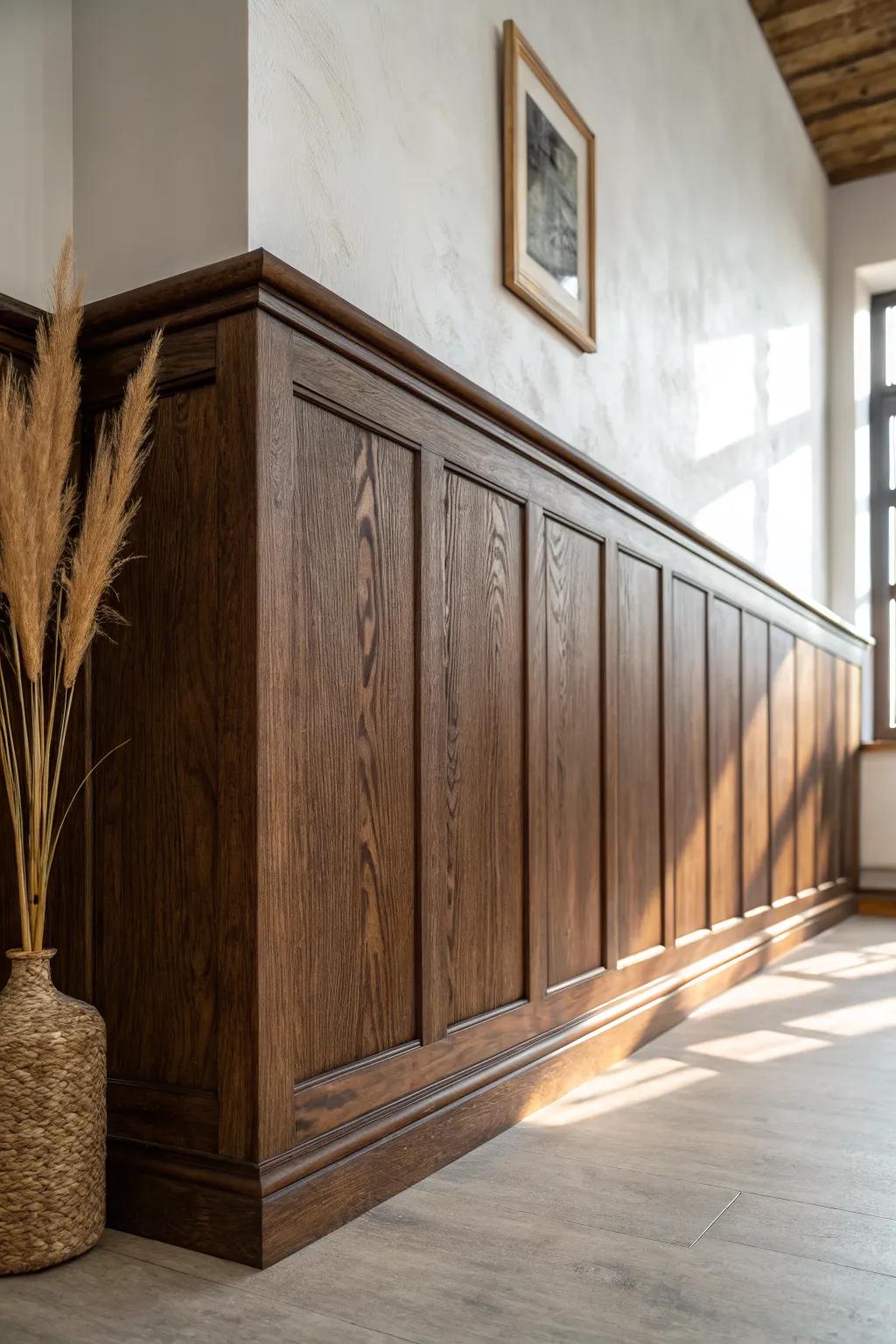 Dark-stained wainscoting adds instant pub warmth—timeless grain, clean lines, rich contrast.