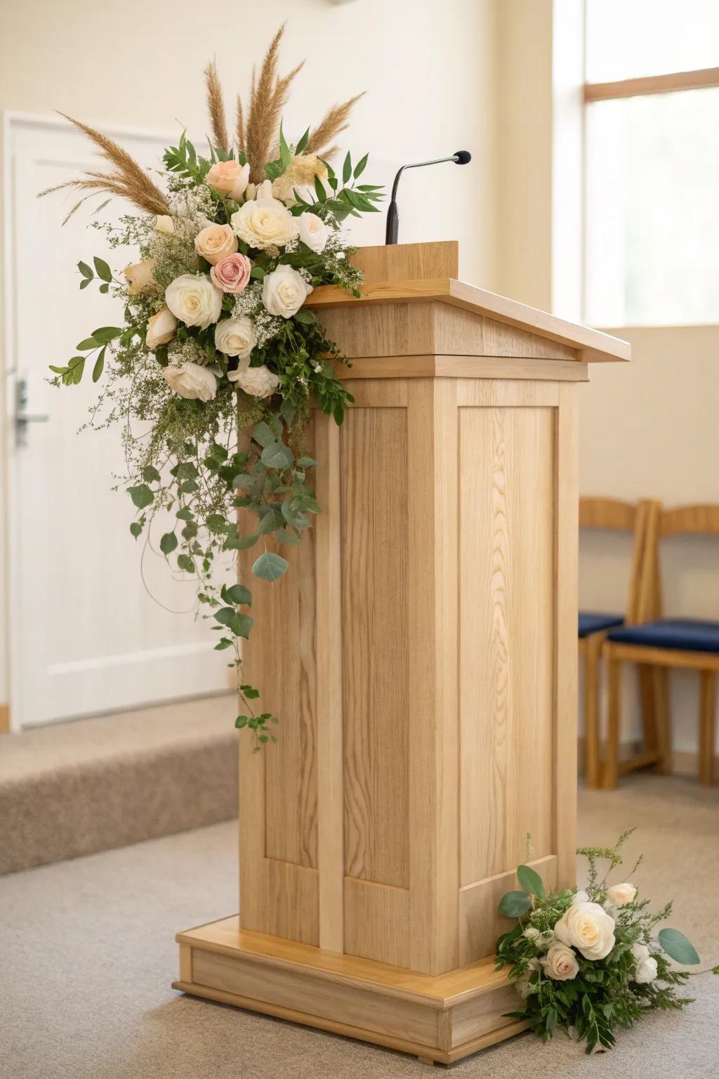 A cascading floral swag that drapes the pulpit front for a timeless, ceremony-ready look.