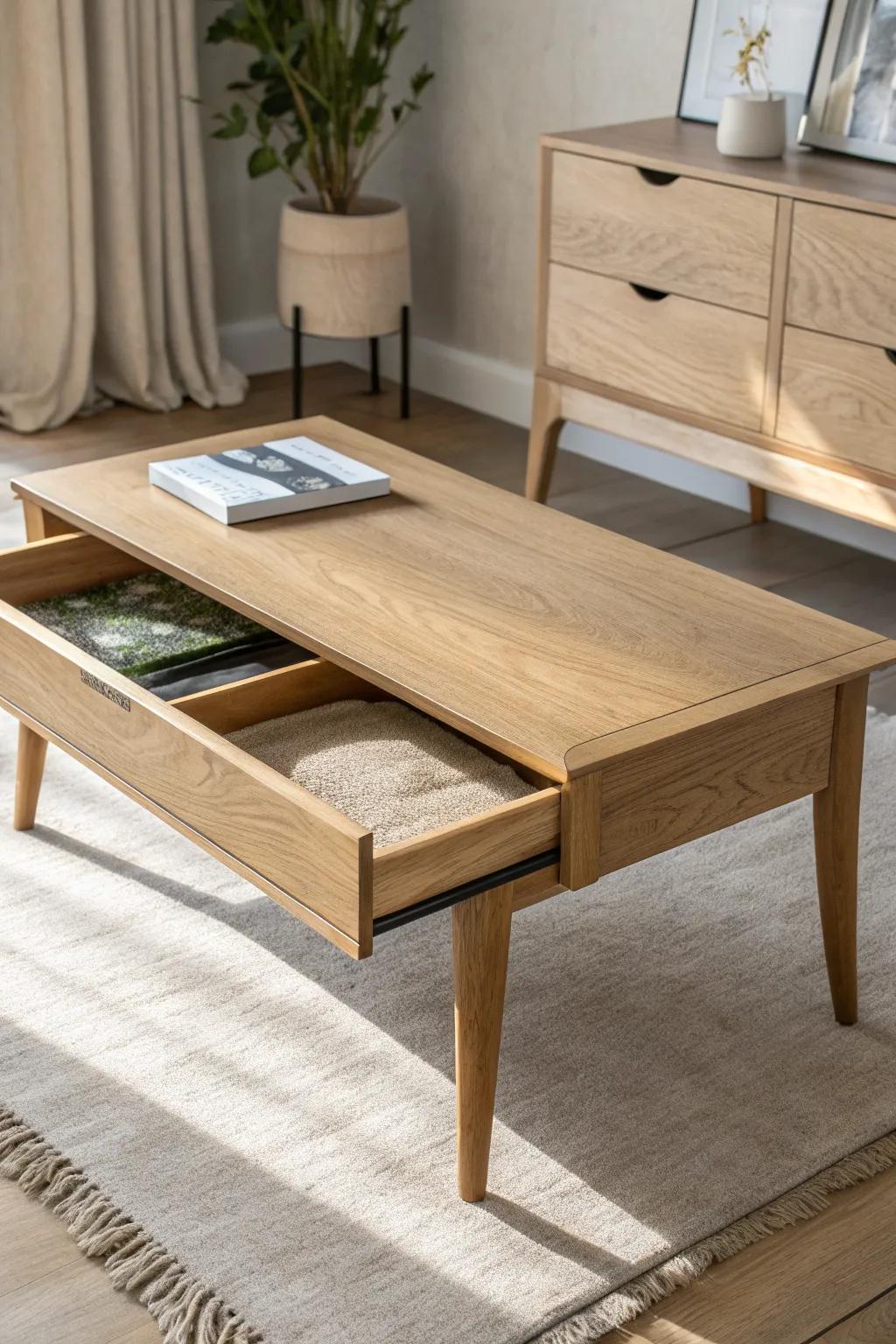 Light oak coffee table with a felt-lined hidden puzzle vault—mess disappears under a flush cover.