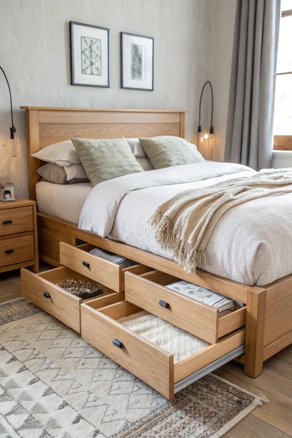 Classic under-bed drawers on smooth slides—beautiful storage for linens and off-season essentials.
