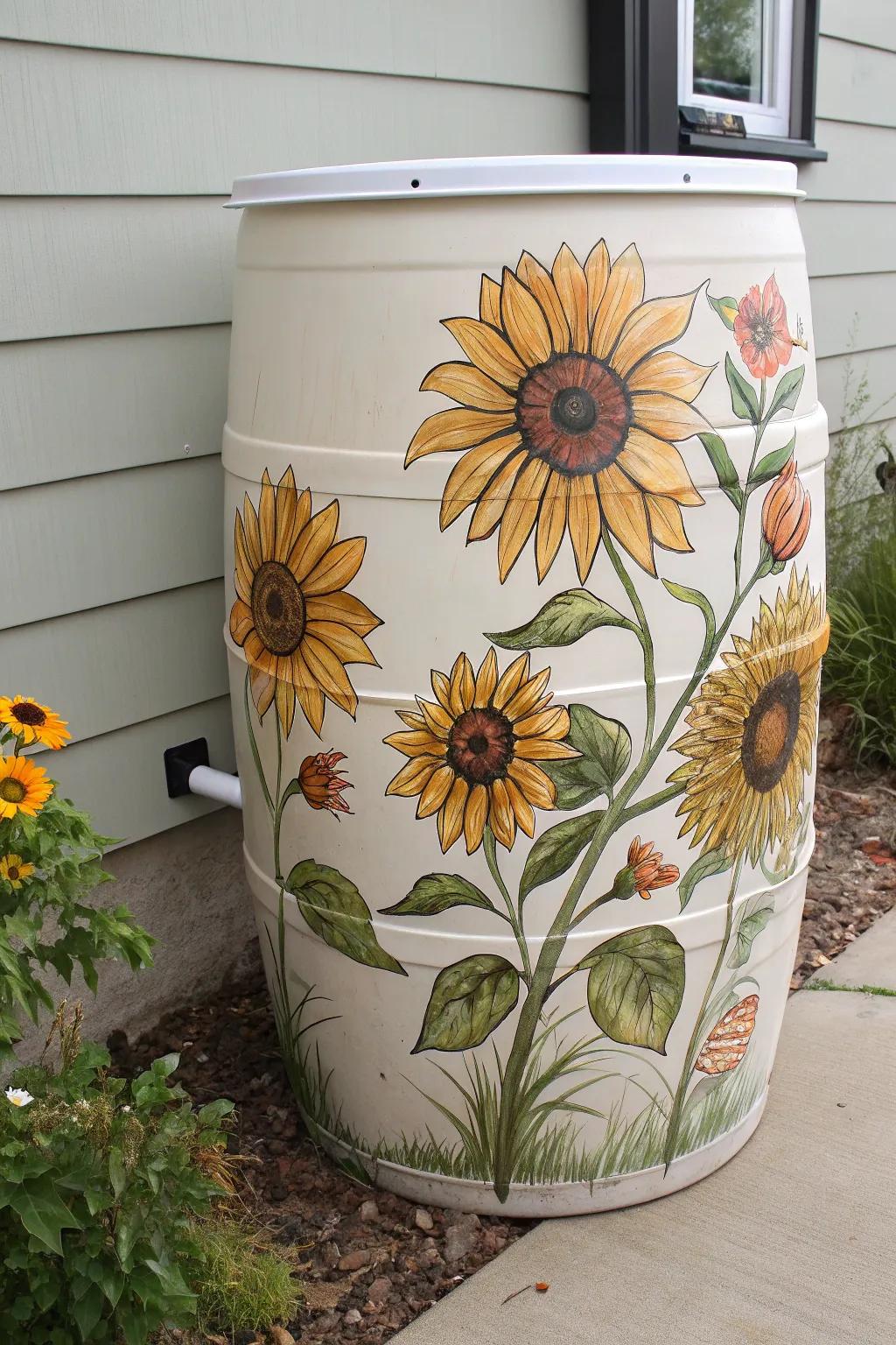 Transform your garden with a touch of floral elegance 🌻✨ #RainBarrelArt #FloralFantasy