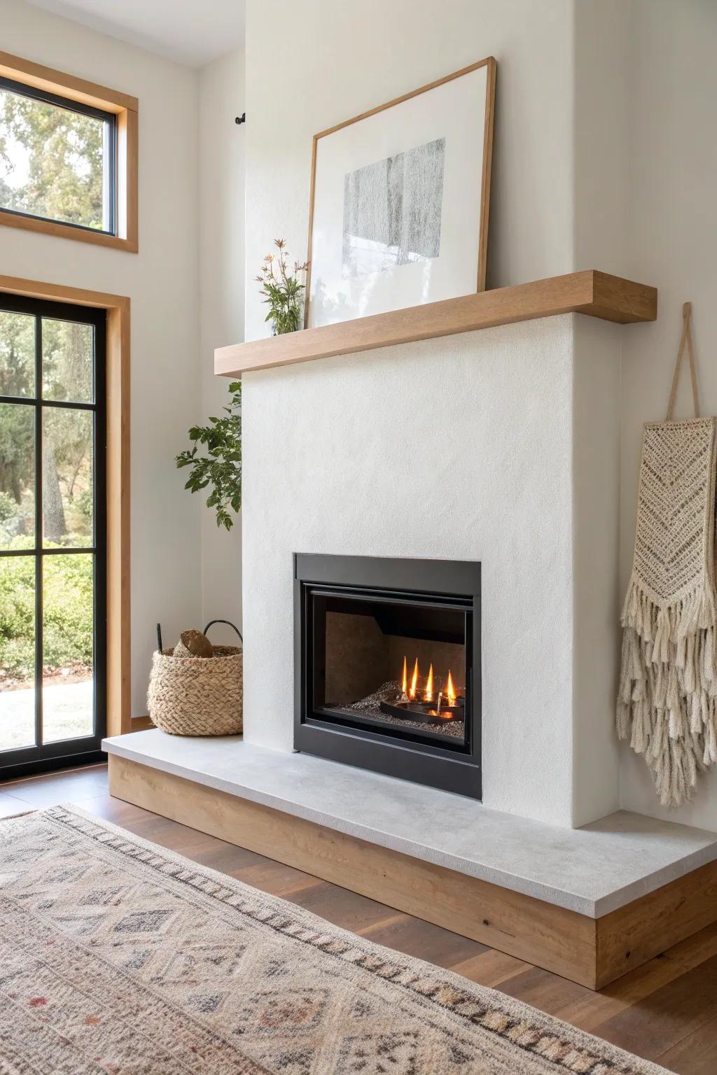 Flush, hearth-free raised fireplace with a slim oak picture-frame trim—clean, framed, space-saving.