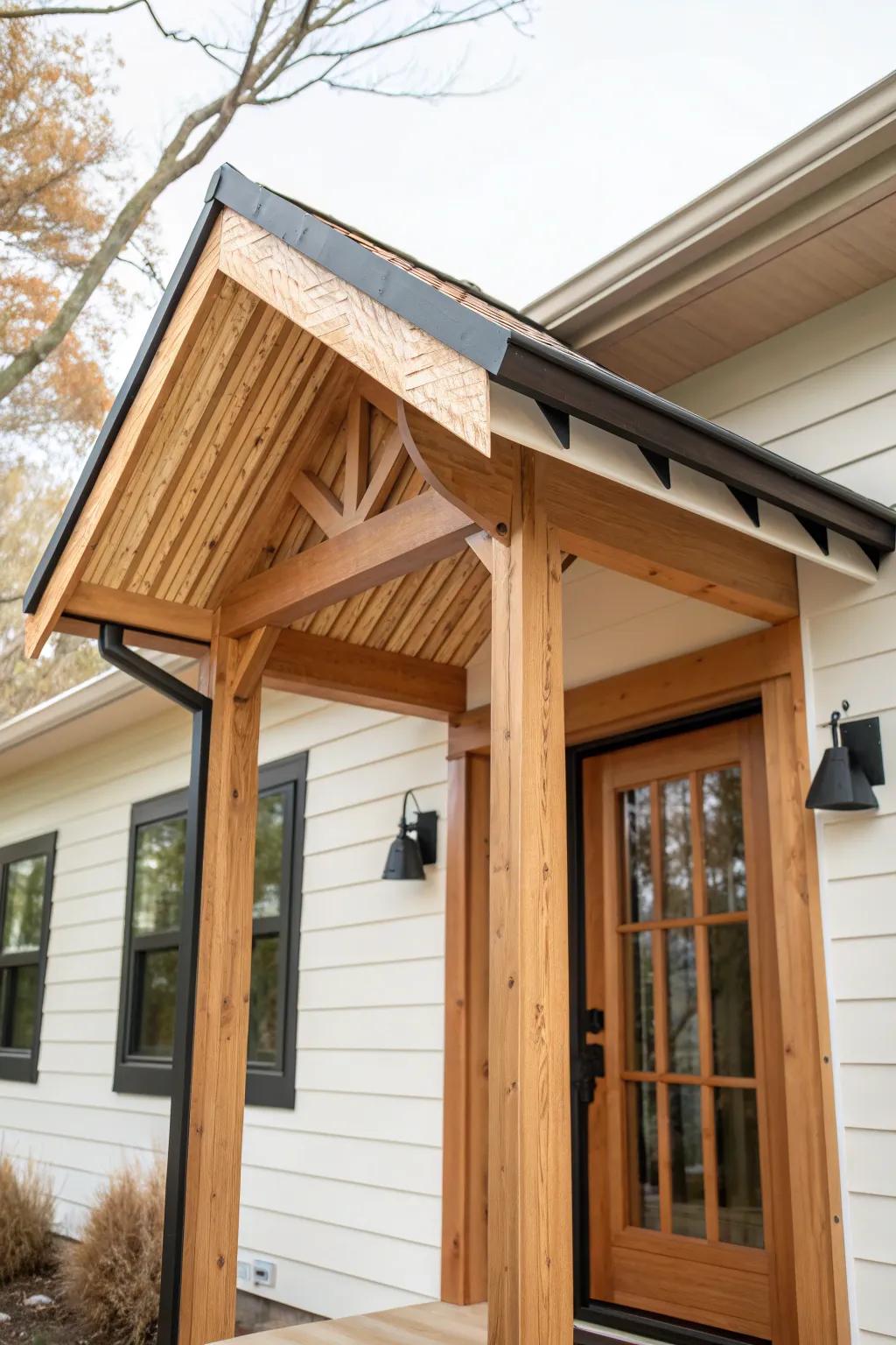 A simple stained-wood gable portico adds cozy focus and breaks up a raised ranch roofline.